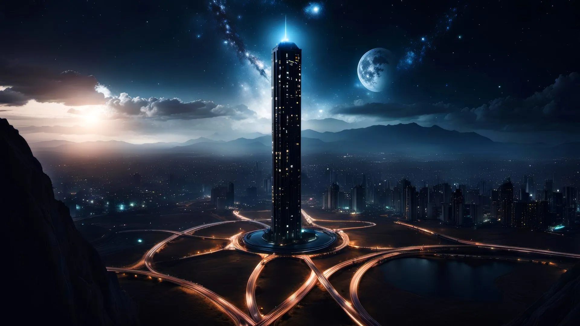 城市景观 黑暗 月光 摩天大楼 夜晚 AI艺术 电脑壁纸 4K壁纸