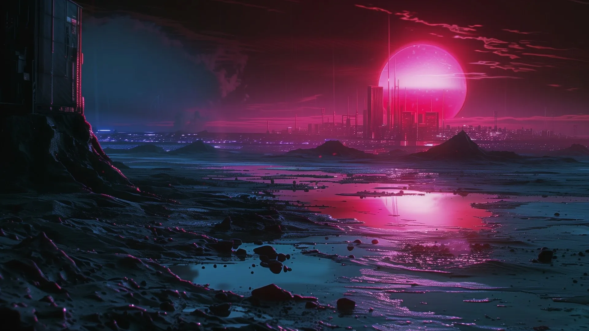 AI艺术 插图 粉色 日落 城市 电脑壁纸 4K壁纸