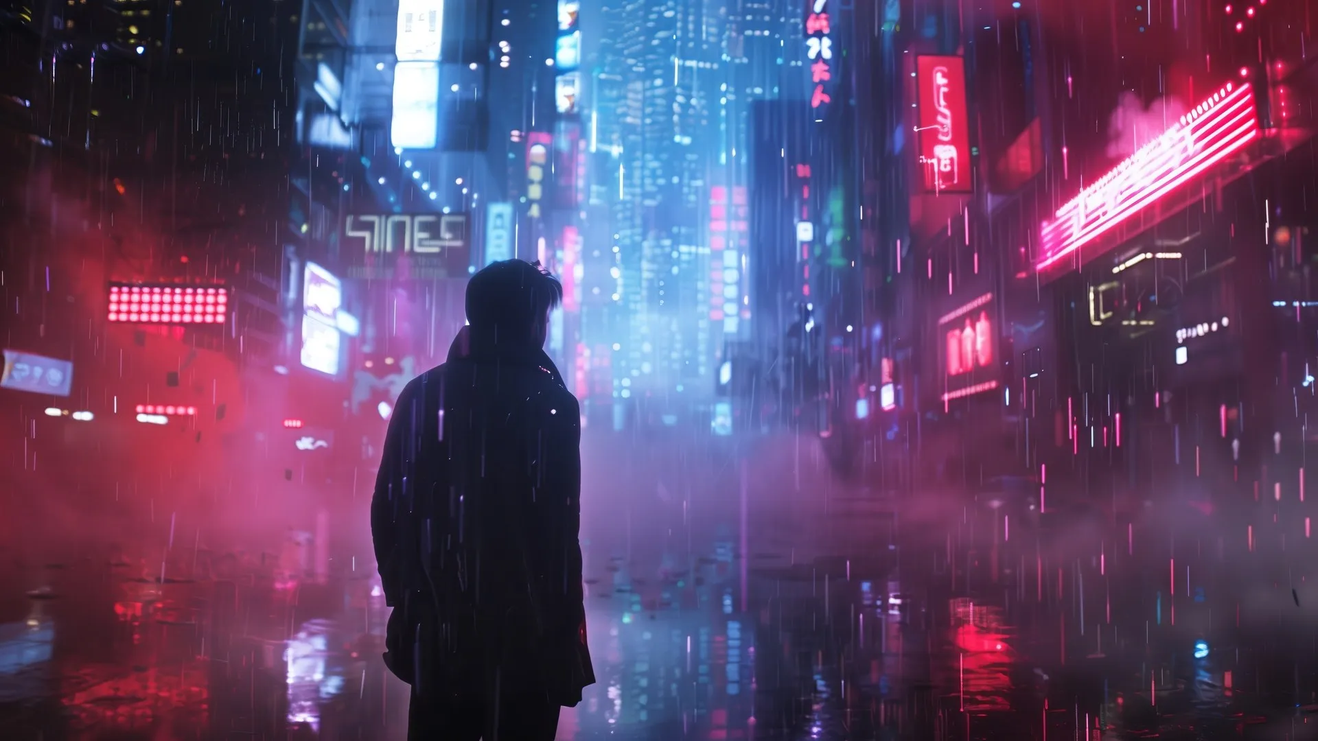 人工智能艺术 赛博朋克 插图 雨 城市 街道 剪影 霓虹灯 电脑壁纸 4K壁纸
