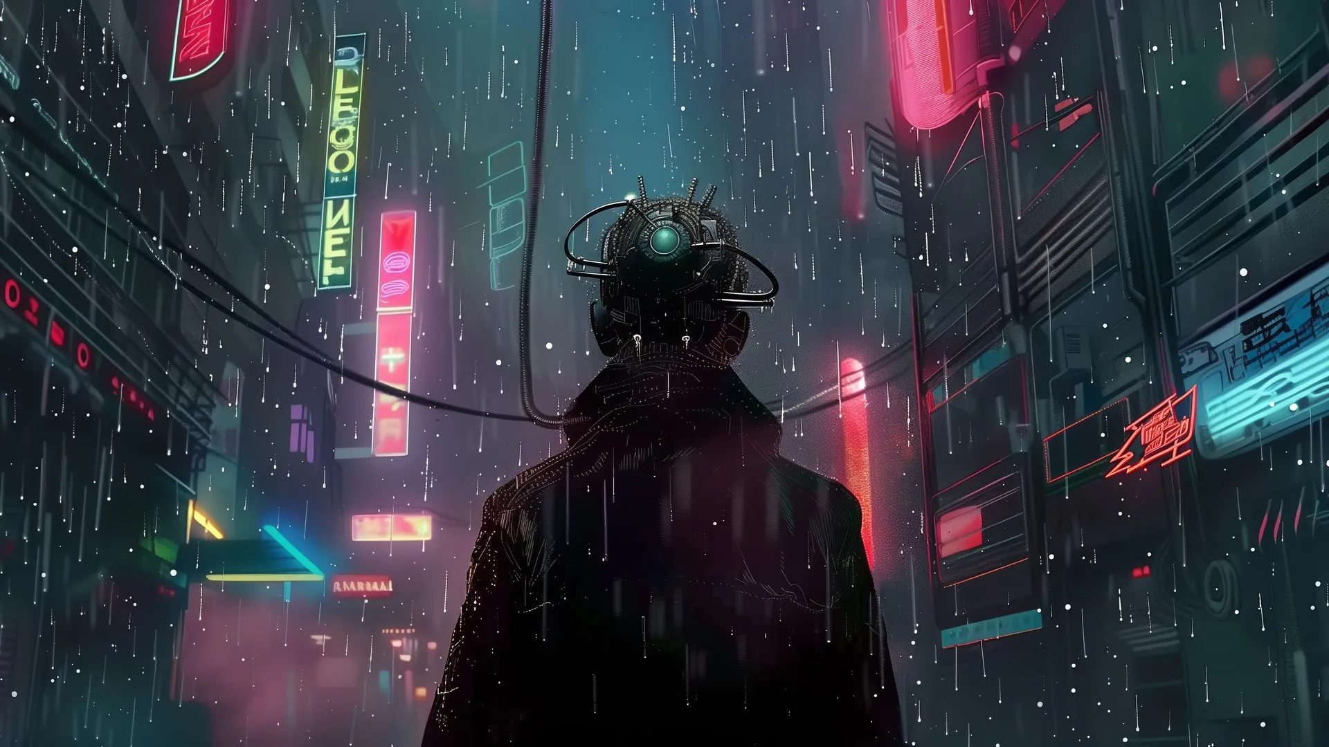 AI艺术 赛伯朋克 插图 雨 城市 耳机 霓虹灯 街道 电脑壁纸 4K壁纸