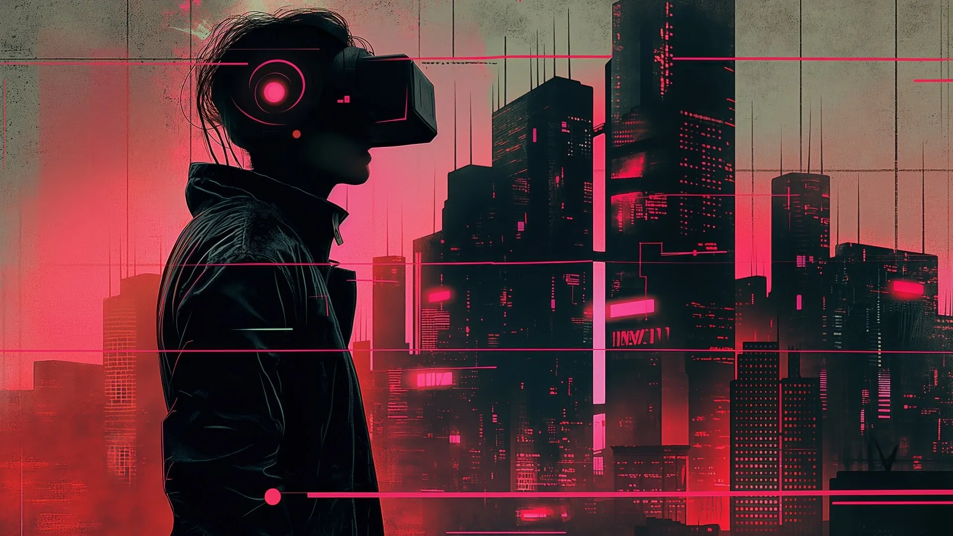 城市 赛博朋克 天际线 VR耳机 虚拟现实耳机 电脑壁纸 4K壁纸