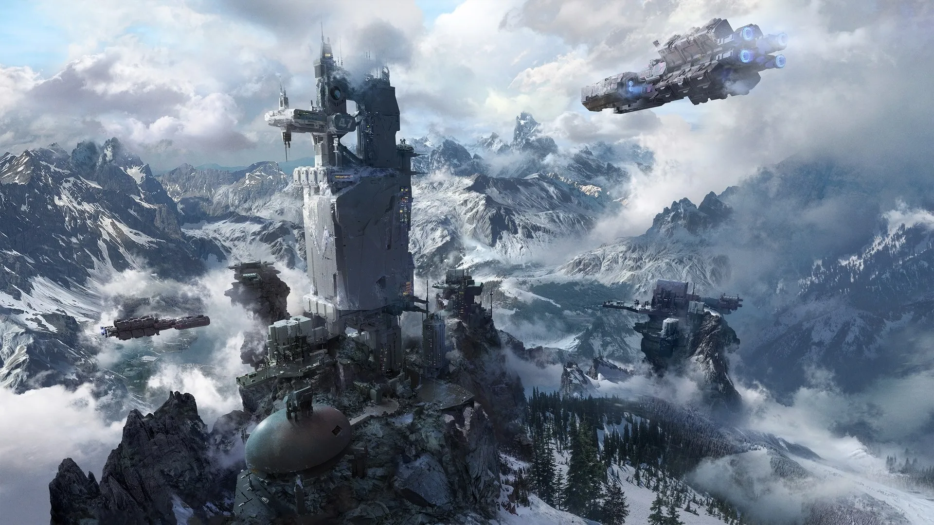 飞艇 山景 薄雾 未来城市 军事基地