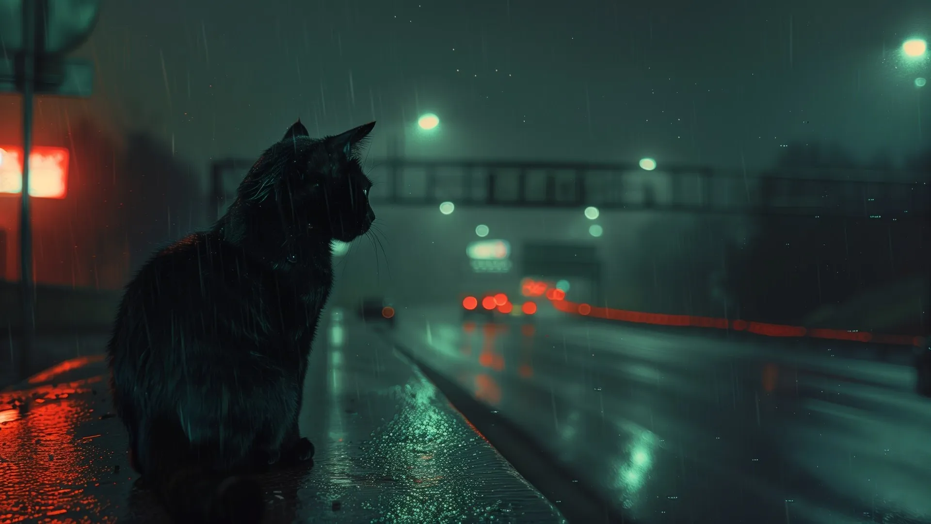 夜晚 猫 高速公路 道路 雨 电脑壁纸 4K壁纸