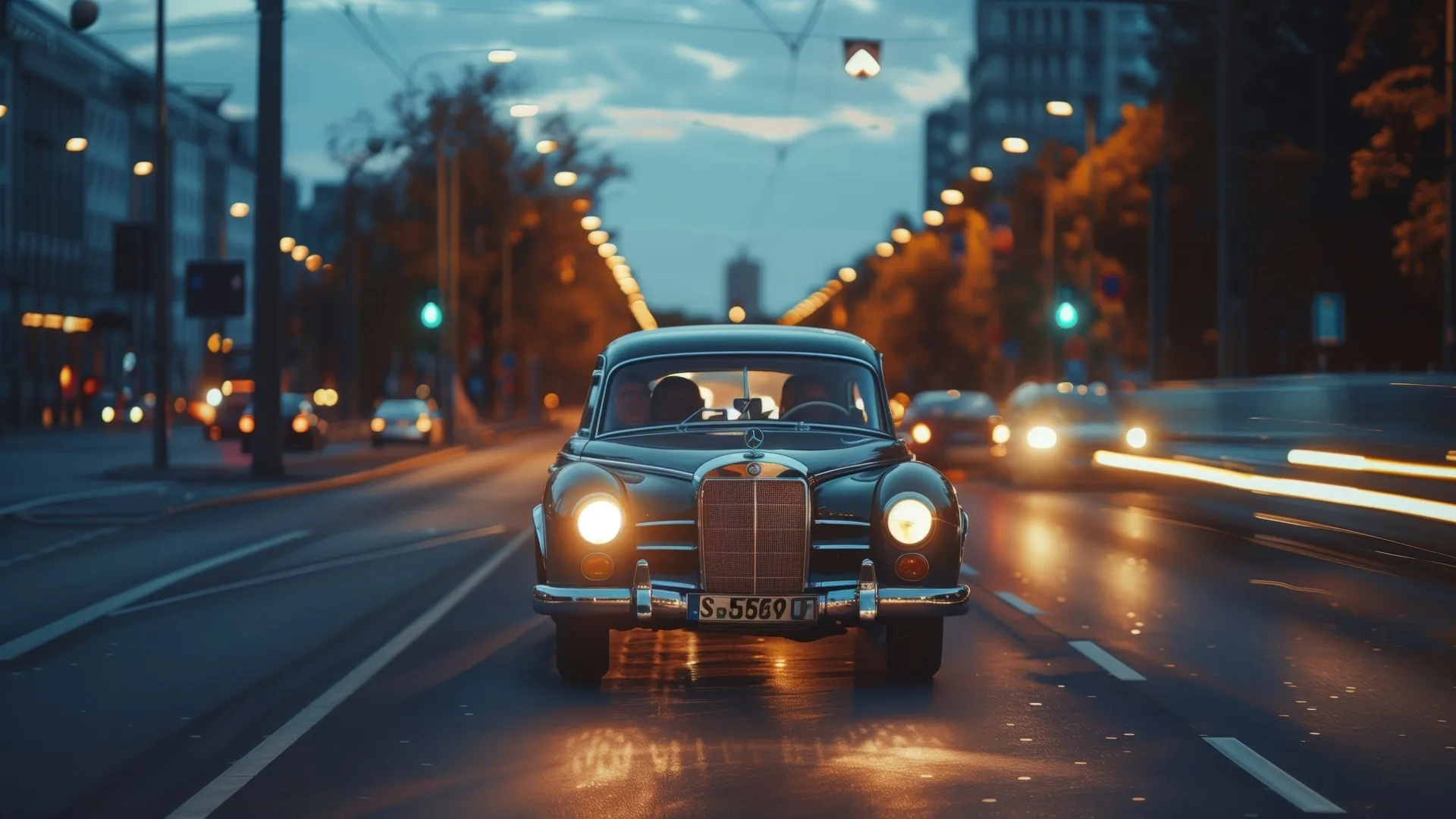 奔驰 复古车 黄昏 驾驶 前灯 电脑贴纸 4K贴纸