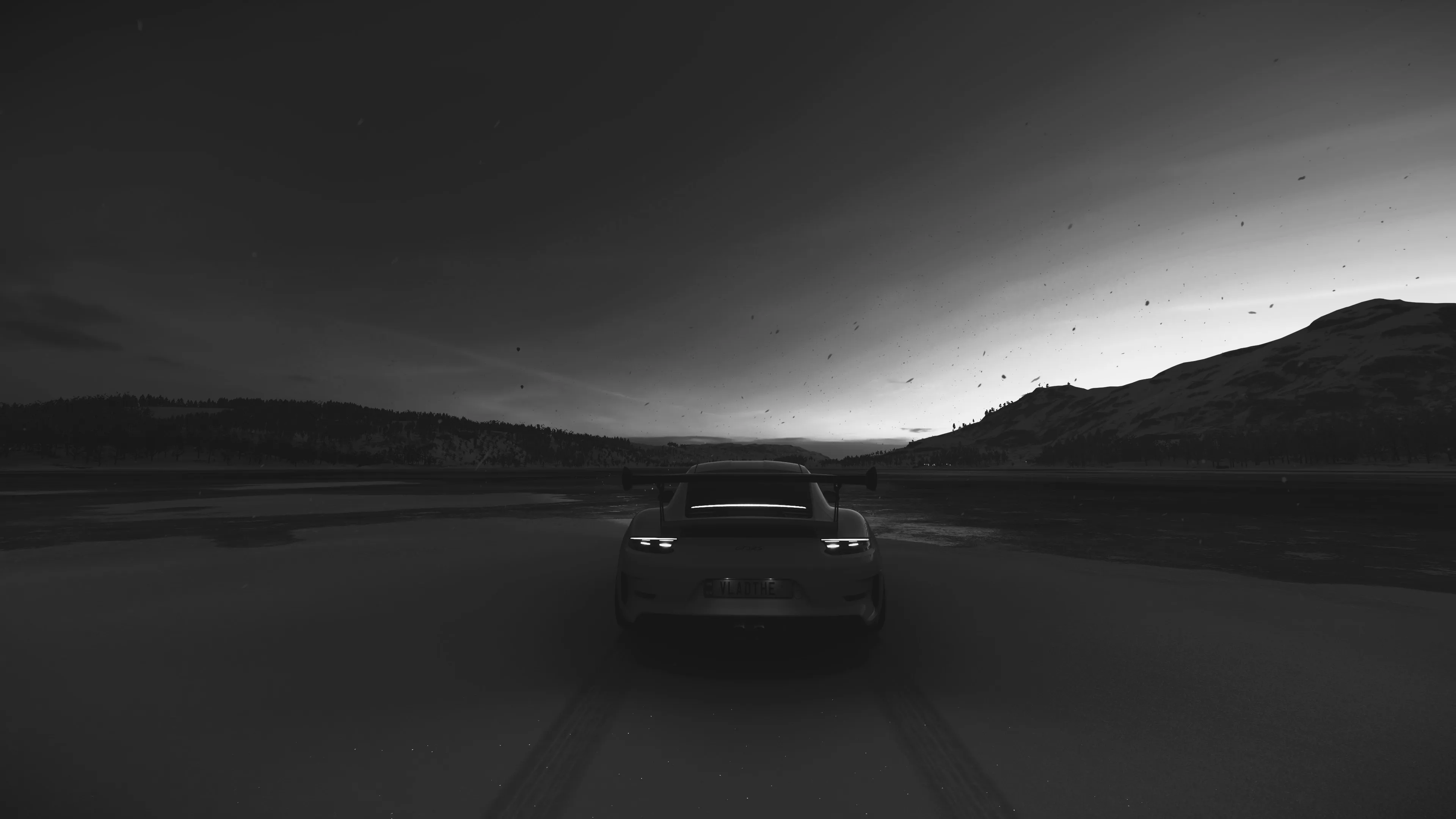 极简主义 黑暗 天空 汽车 驾驶 车牌 车辆 尾灯 单色 风景 跑车 4K壁纸