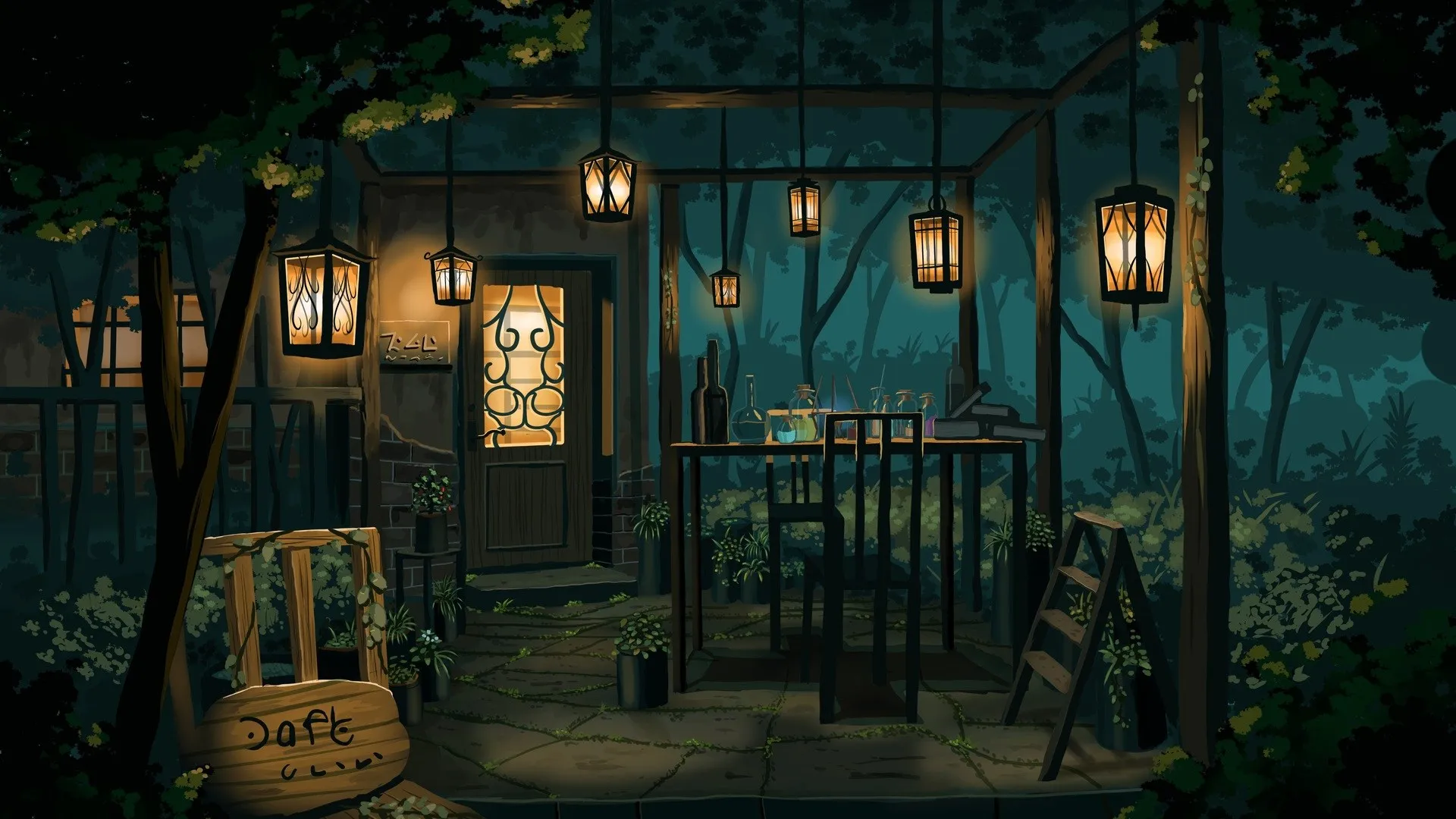 幻想艺术 灯笼 瓶子 树 灯 房子 植物 电脑壁纸 4K壁纸