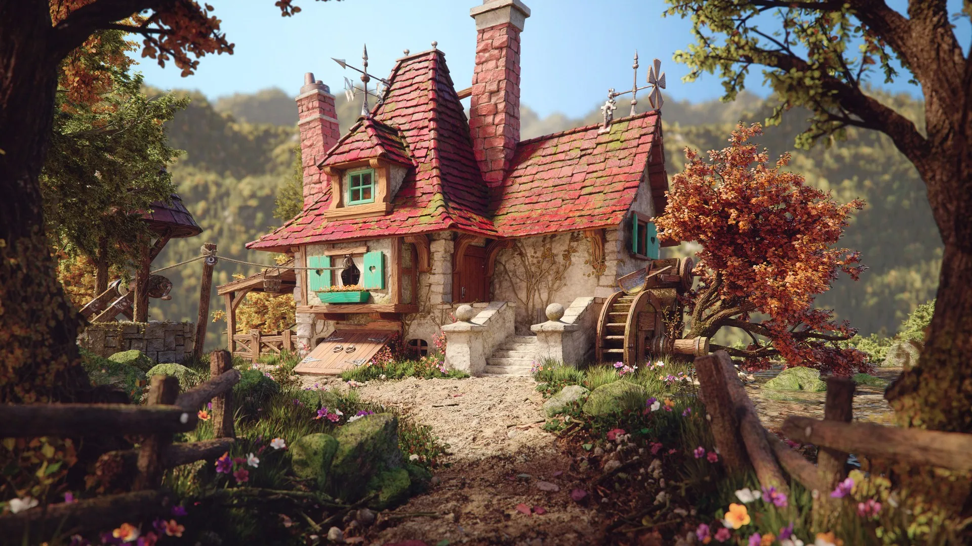 AI艺术 房屋 自然 树木 鲜花 迪士尼 电脑壁纸 4K壁纸
