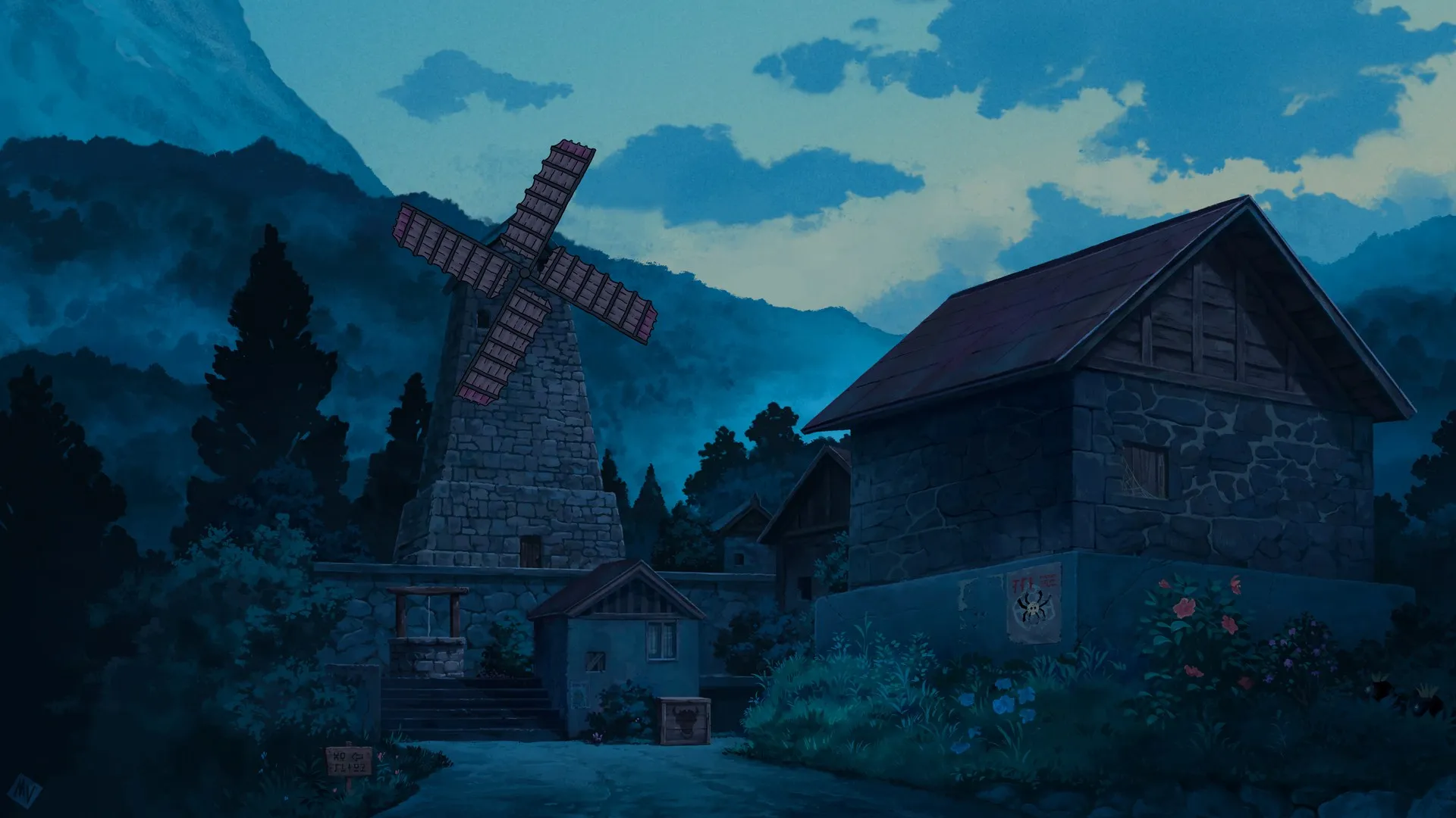 马特·文斯 AI艺术 插图 风景 城镇 夜 云 风车 树 塞尔达传奇 天空 卡卡里科