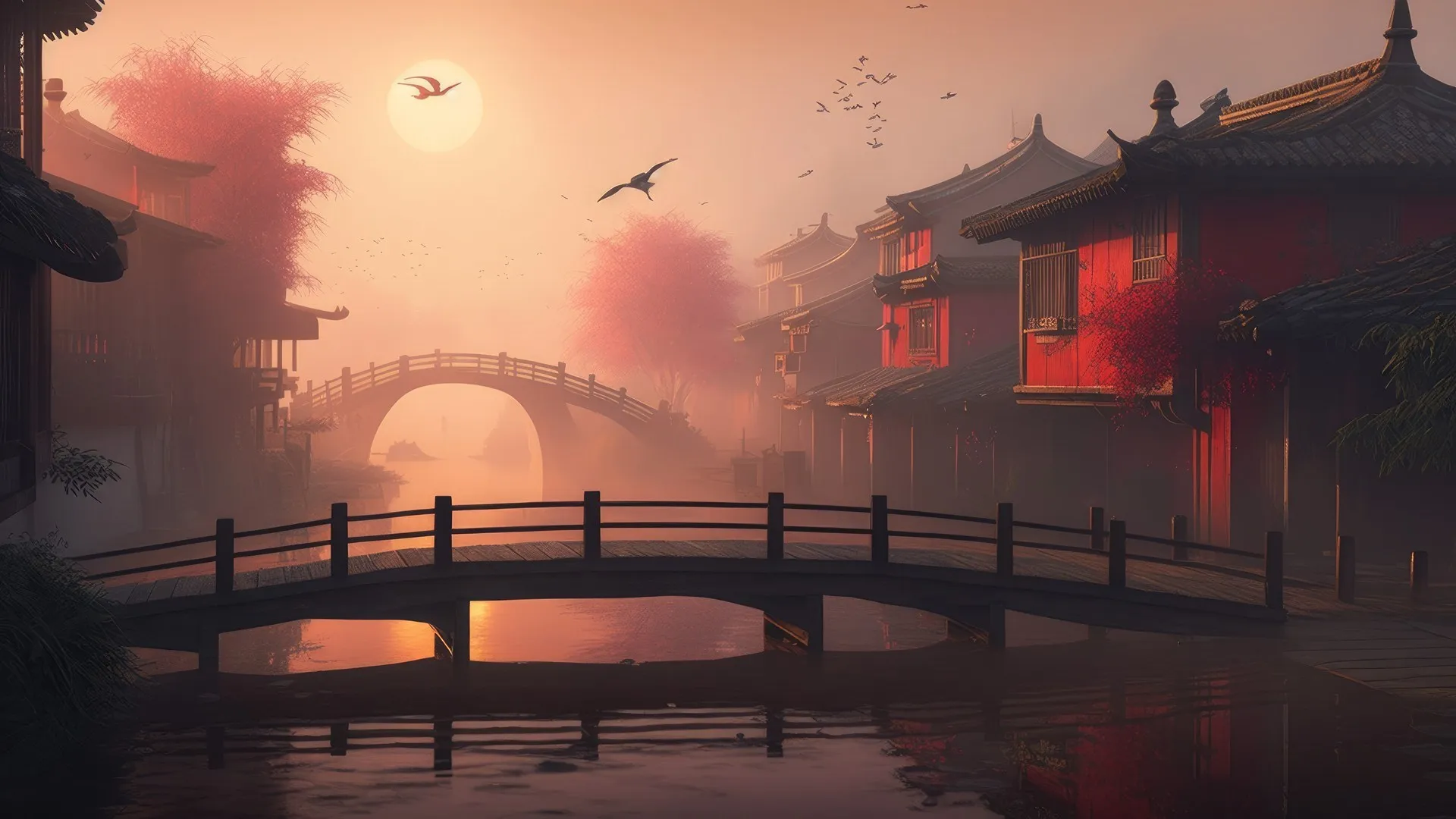 艺术 插图 桥梁 中国 村庄 太阳 鸟 水 反射