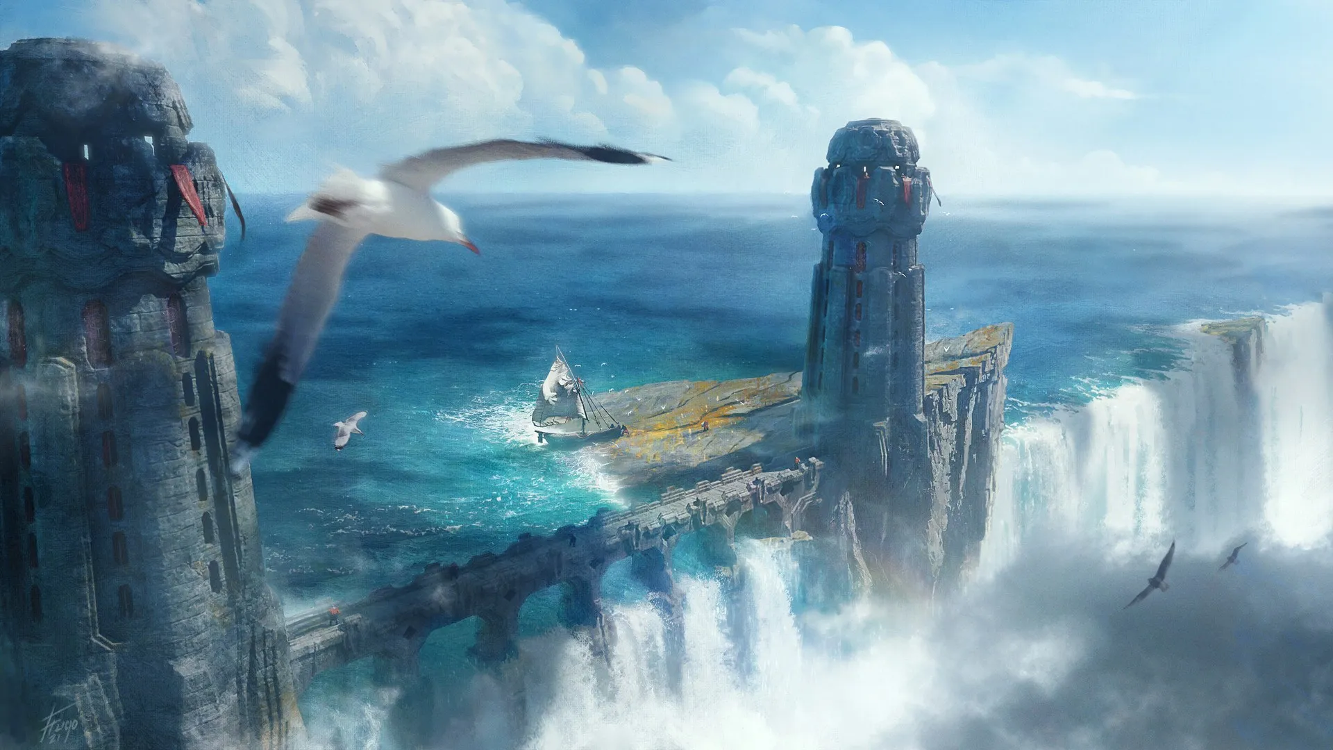 AI艺术 海鸥 瀑布 船