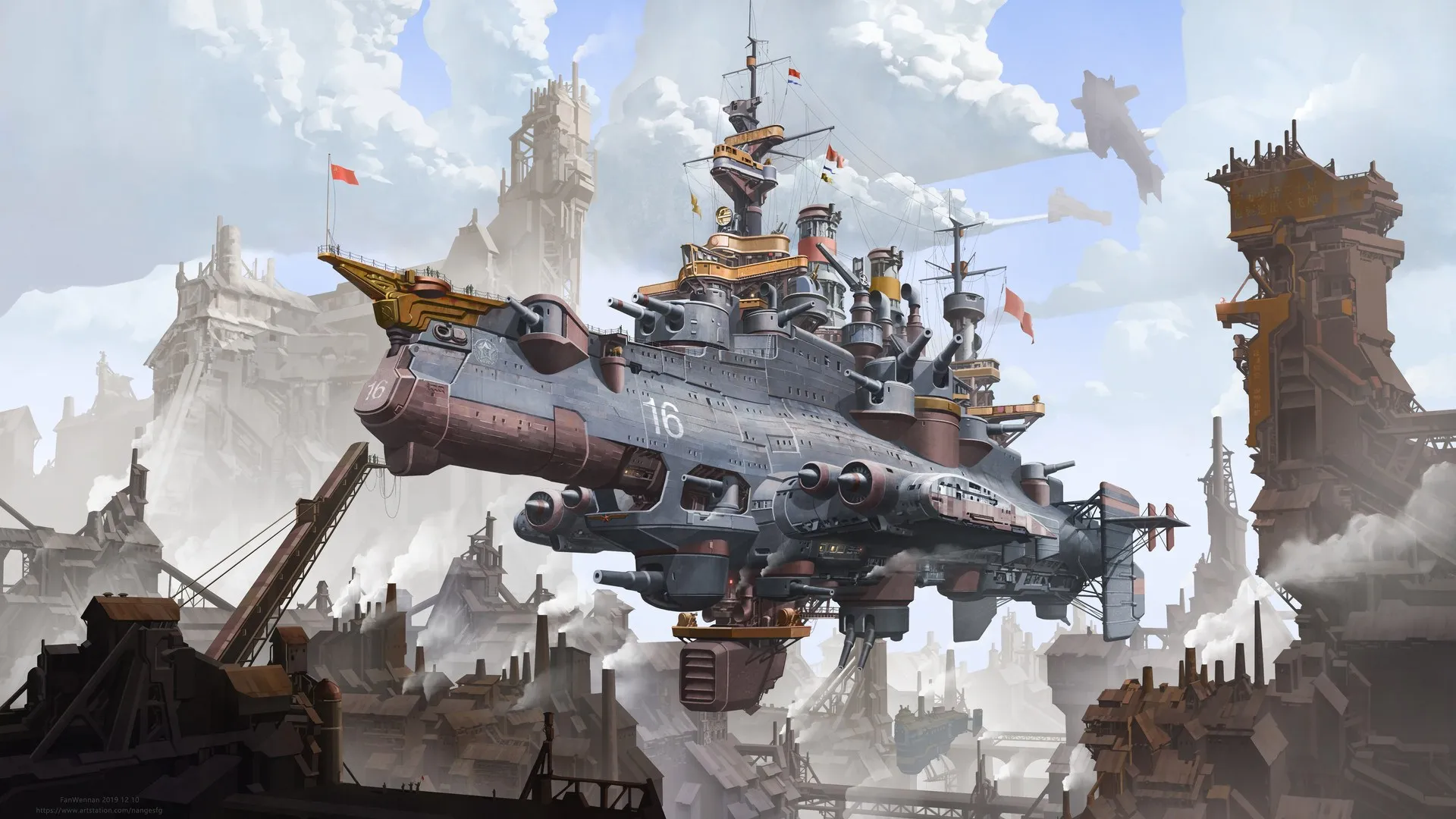 范文楠 插画 科幻 飞艇 蒸汽朋克 数码艺术 云