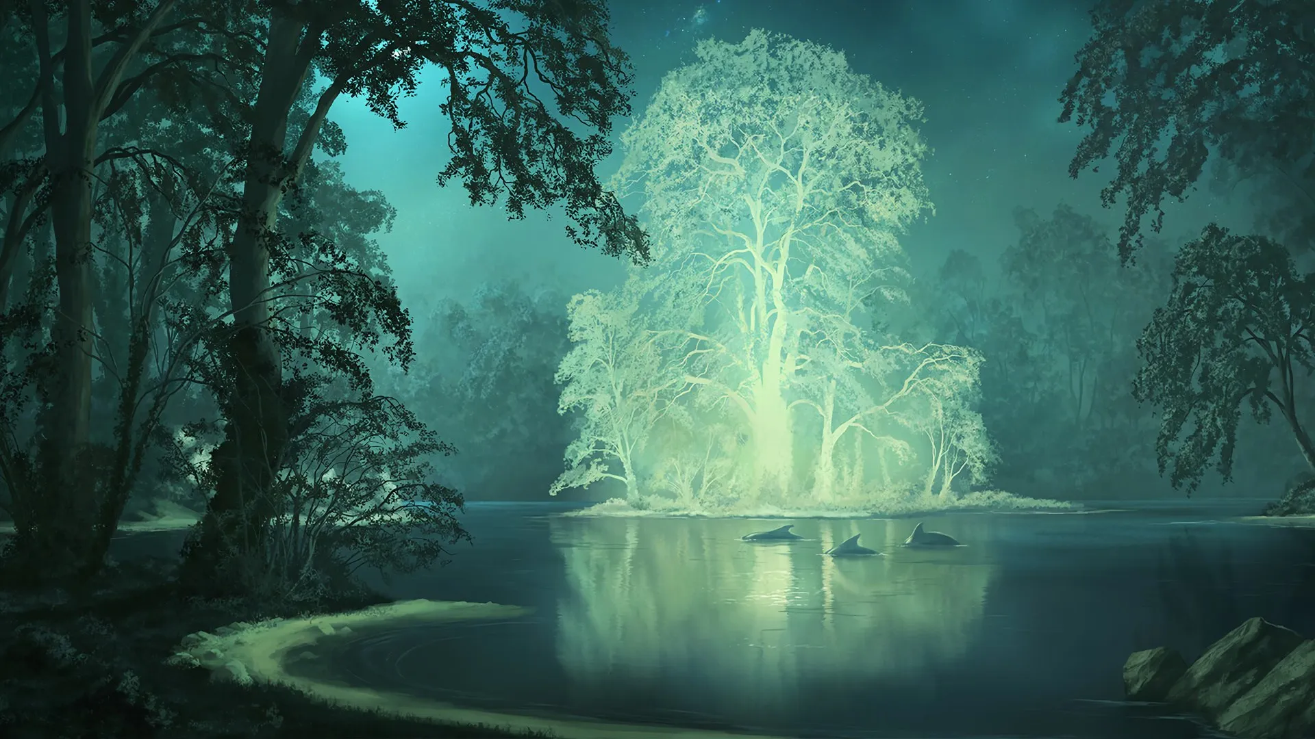 AI艺术 幻想艺术 树木 海豚 星夜 森林 电脑壁纸 4K壁纸