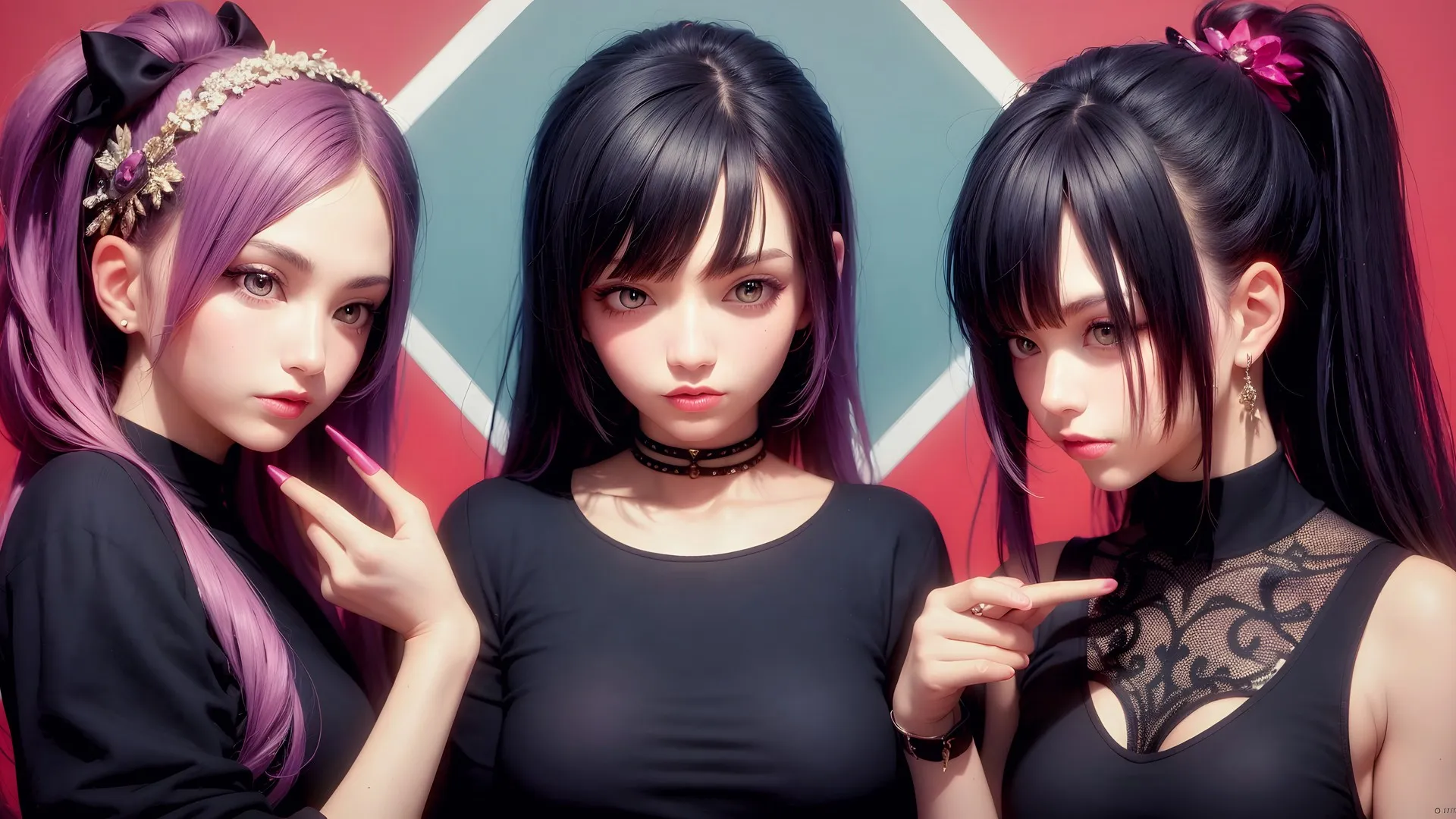 女人 女人三人组 长发 马尾辫 AI艺术 人工智能艺术 黑衣 项链 电脑壁纸 4K壁纸