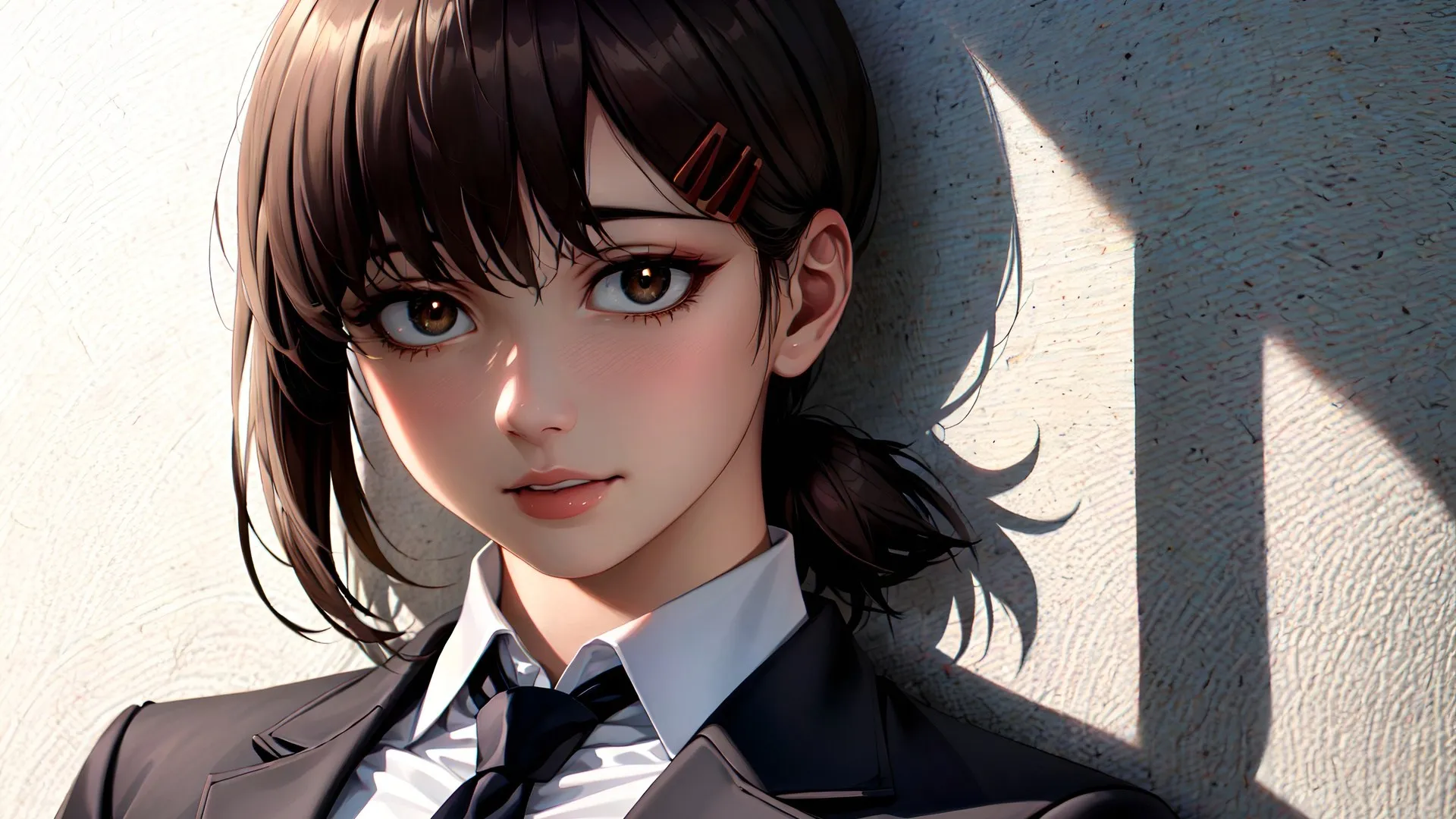 脸 黑发 领带 动漫女孩 棕色的眼睛 艺术 电脑壁纸 4K壁纸