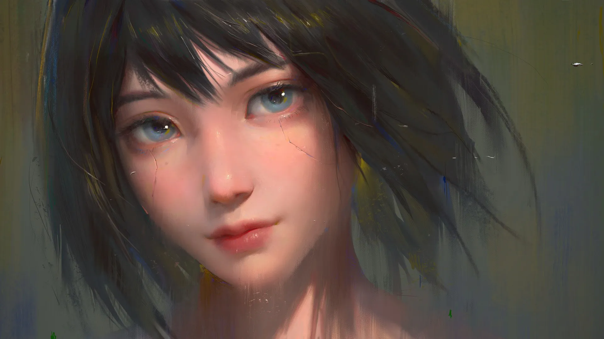 女性 蓝眼睛 深色头发 短发 脸 AI艺术 绘画 肖像 绘画 电脑壁纸 4K壁纸