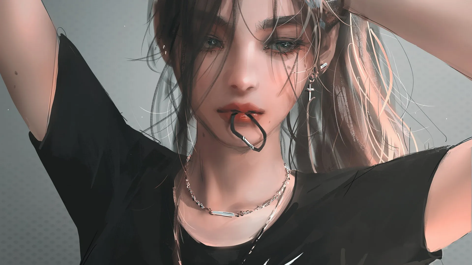 女人 深色头发 脸部 面部头发 长发 女式 特写 肖像 恤 黑色衣服 电脑壁纸 4K壁纸