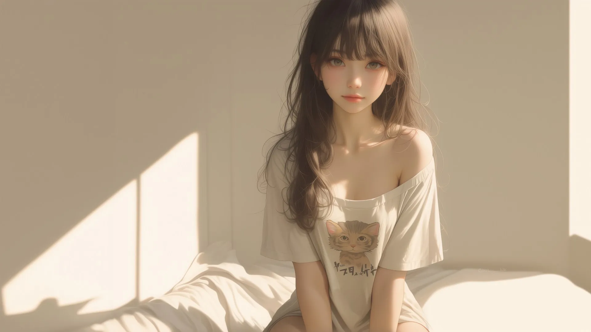 女人 深色头发 人工智能艺术 动漫 超大号T恤 阳光 插图 电脑壁纸 4K壁纸