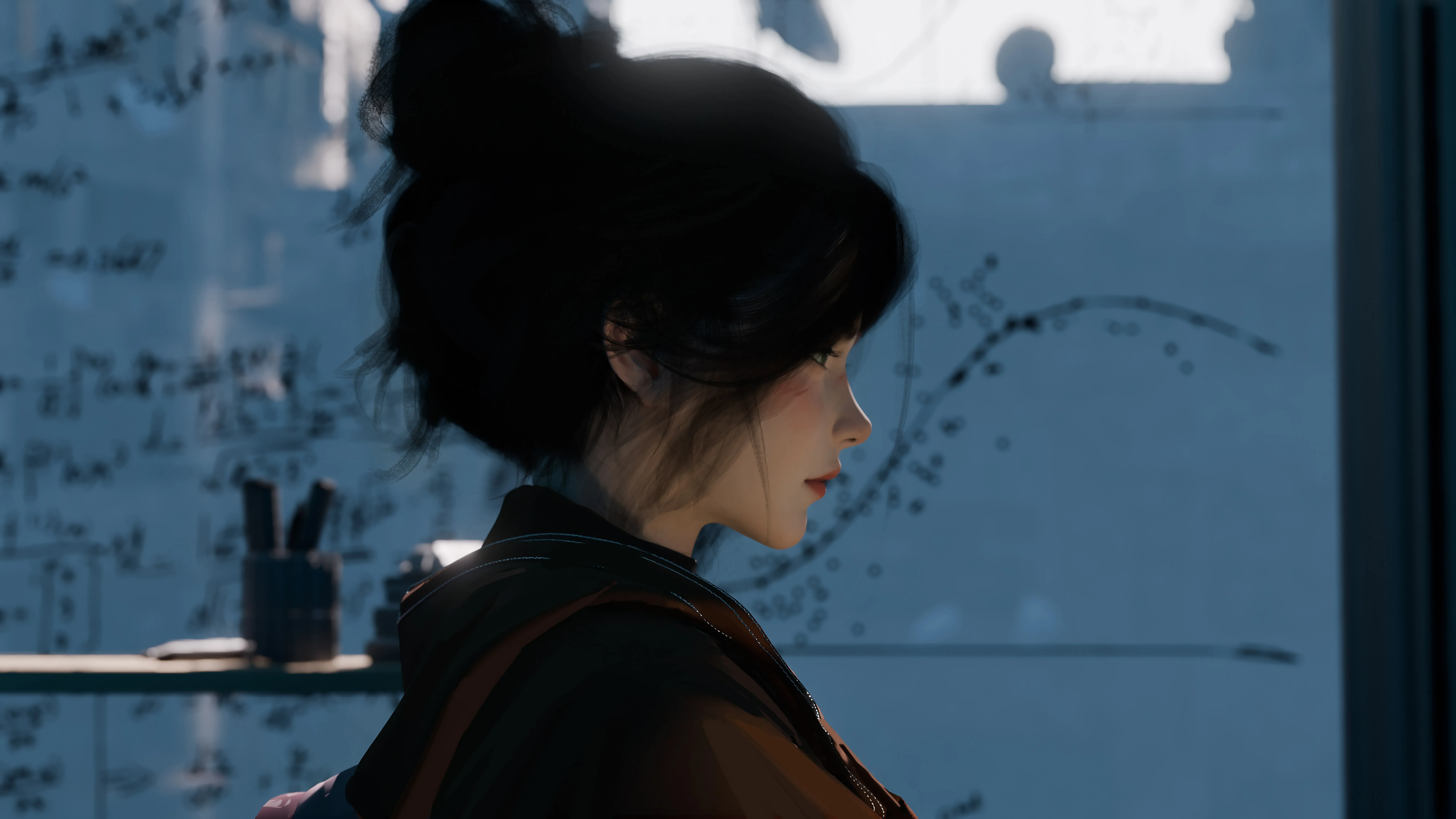 WLOP 短发 女性 室内 黑发 窗户 方程 阳光 夹克 项链 8K壁纸