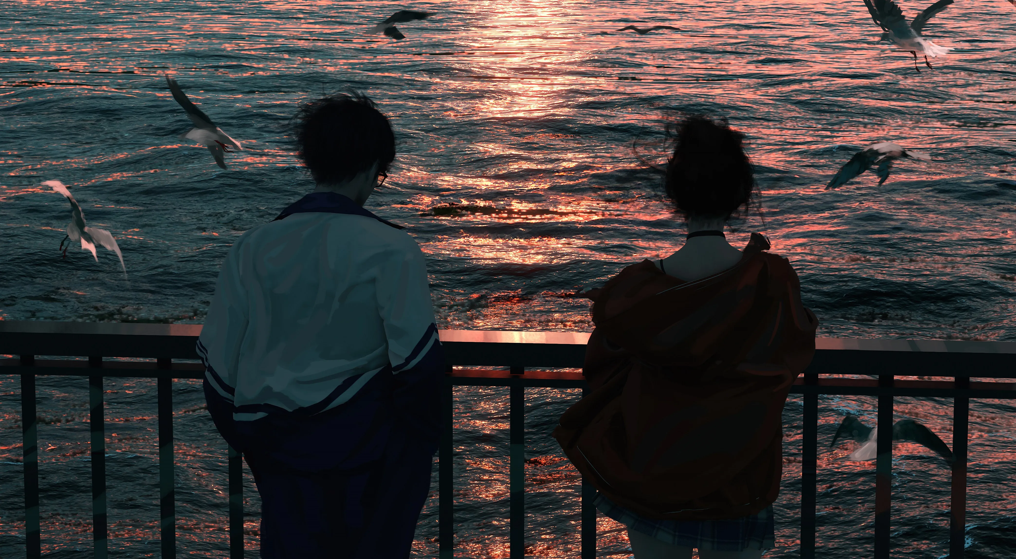 情侣 女人 黑发 长发 数字艺术 艺术品 插图 数字 绘画 海水 鸟类 动物 海鸥 男人 日落 阳光 红色 夹克 4K壁纸