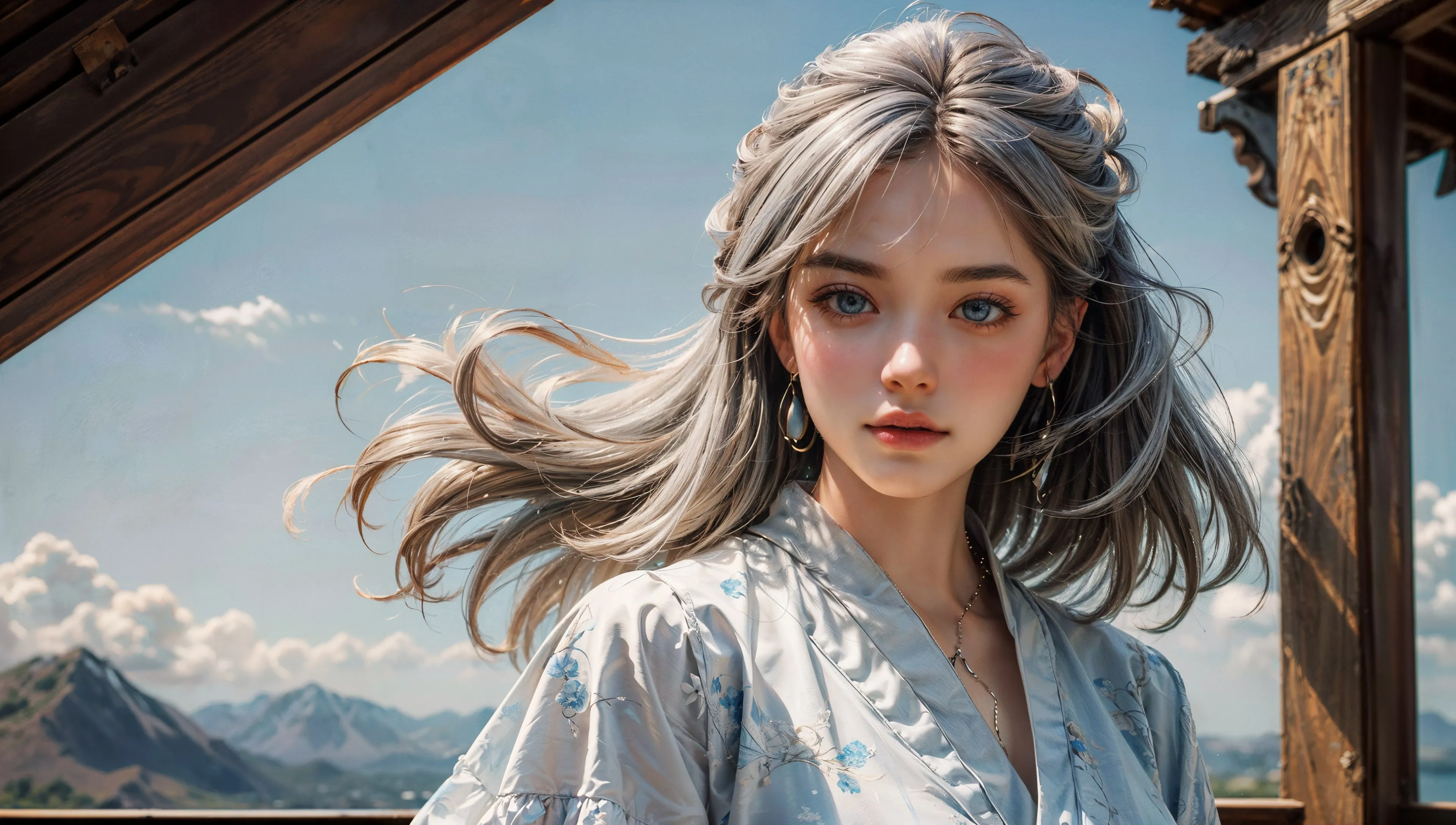 女人 头发 长发 艺术 耳环 天空 云 山 电脑壁纸 4K壁纸