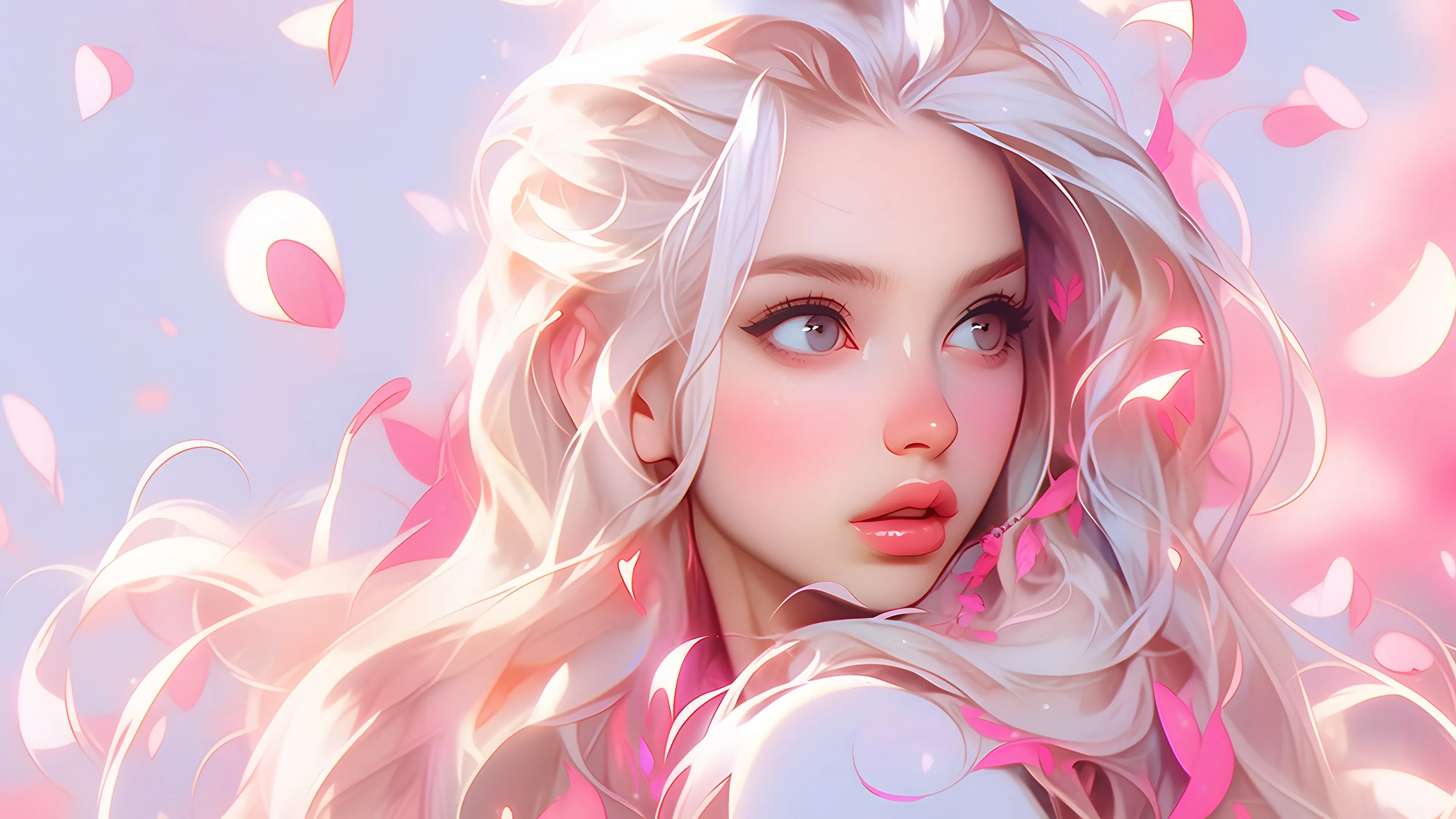 女人 长发 白发 灰色 眼睛 艺术 花瓣 电脑壁纸 4K壁纸