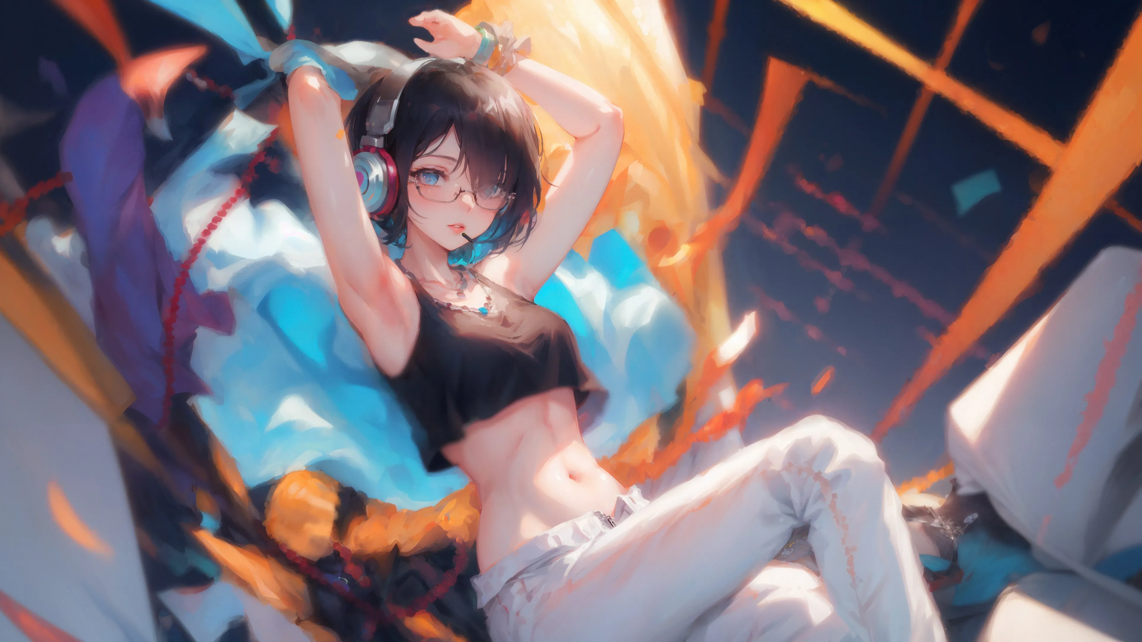 蓝眼睛 肚皮 短发 深色眼睛 动漫 动漫女孩 艺术 眼镜 耳机 黑色 项链 电脑壁纸 4K壁纸