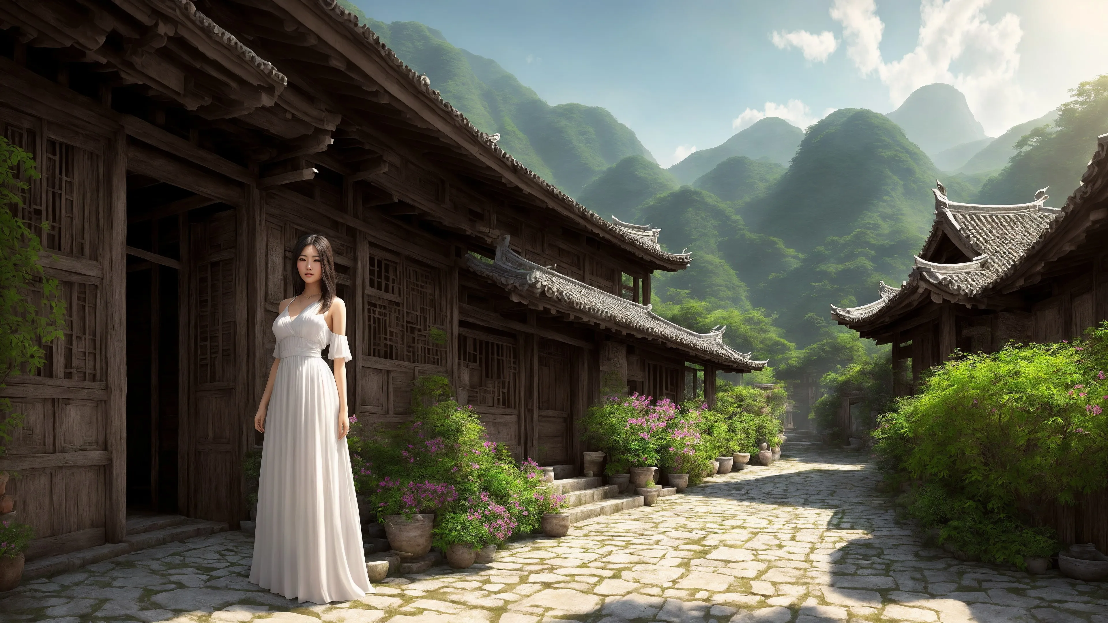 村庄 艺术 鲜花 山脉 白色连衣裙 4K壁纸