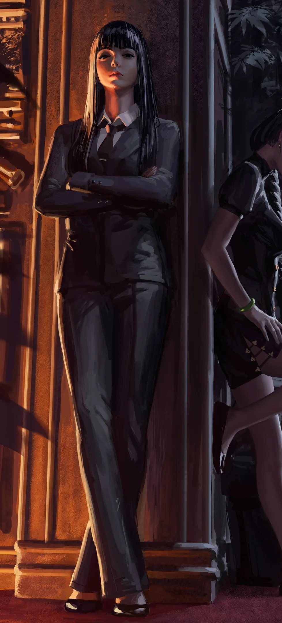 女人 交叉双腿 原创人物 西装 旗袍 黑发 黑色服装 概念艺术 素描 4壁纸