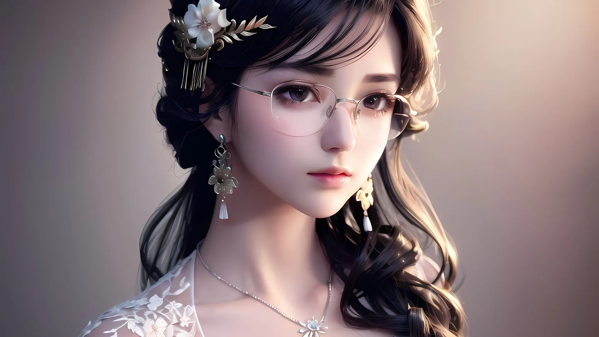 艾冬冬 亚洲 女人 长发 眼镜 耳环 项链 珠宝 简单背景 电脑壁纸 4K壁纸