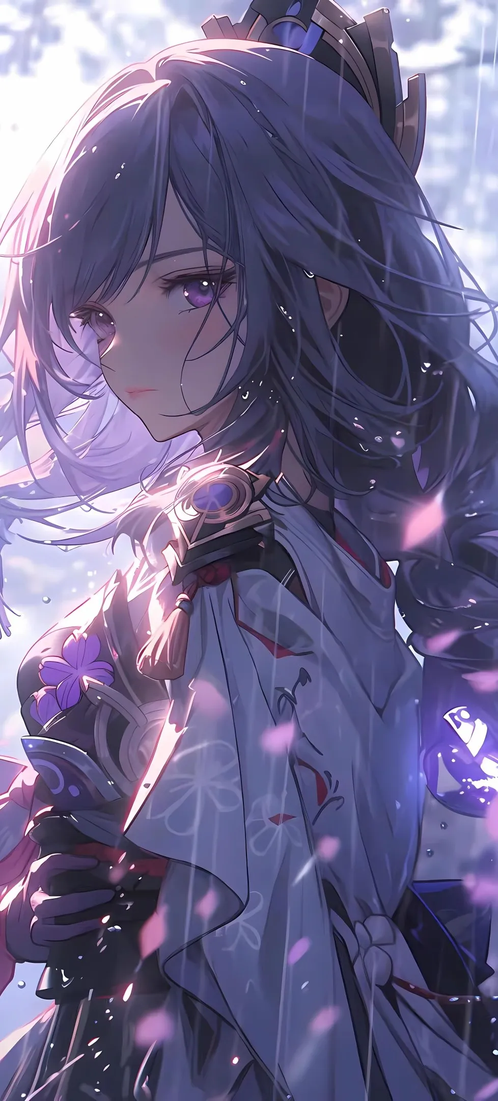 动漫女孩 紫色的眼睛 雨 武器 剑 花瓣 艺术 手机壁纸 8K壁纸