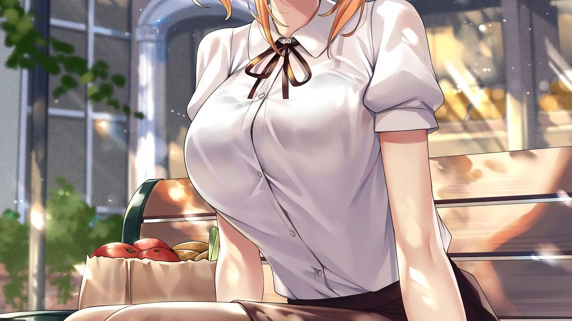 红发 艺术家 动漫女孩 连裤袜 长凳 食物 紫色眼睛 手机壁纸 4K壁纸