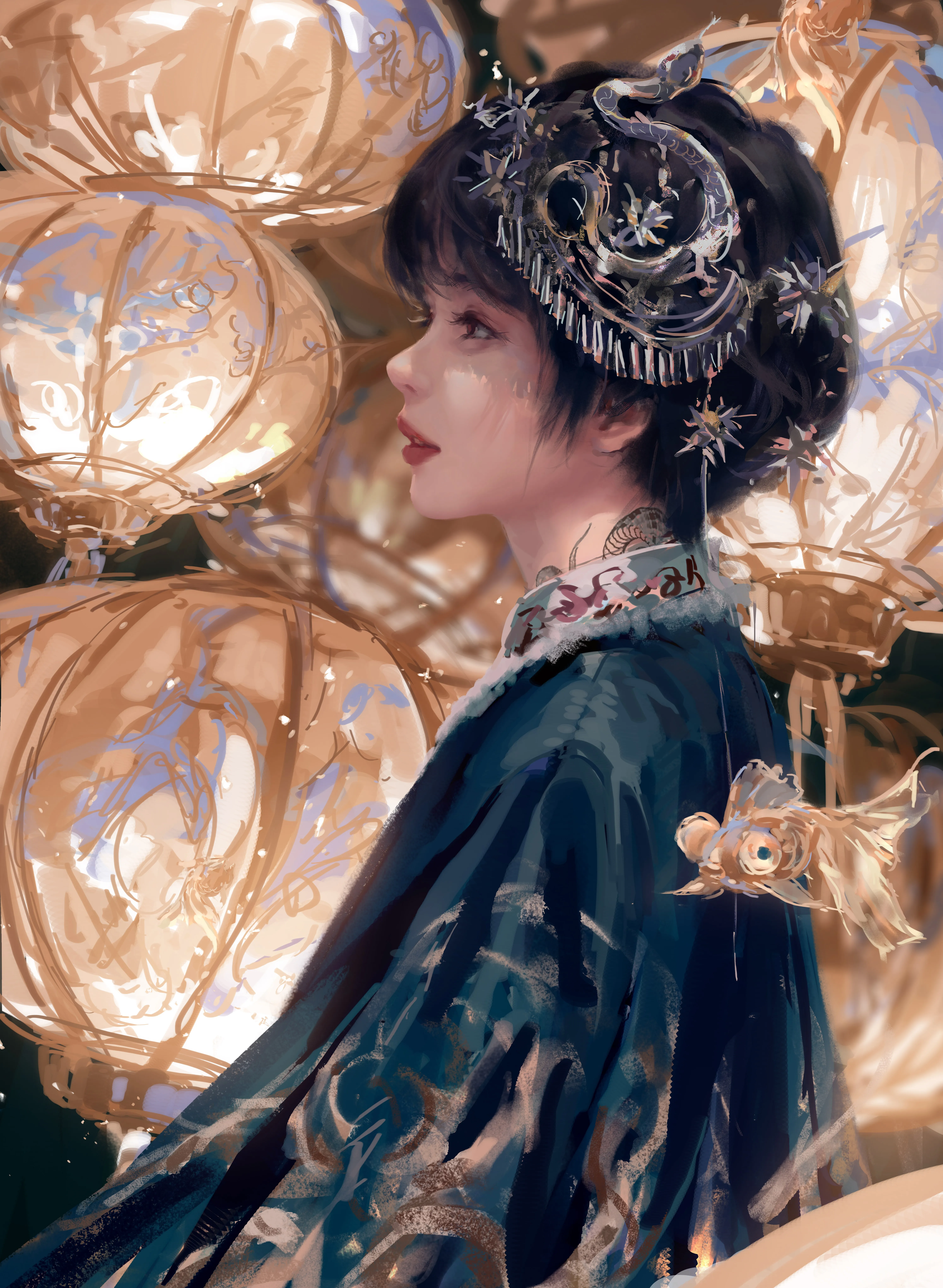 黑发 女性 短发 数字 绘画 肖像 汉服 灯笼 头饰 手机壁纸 4K壁纸