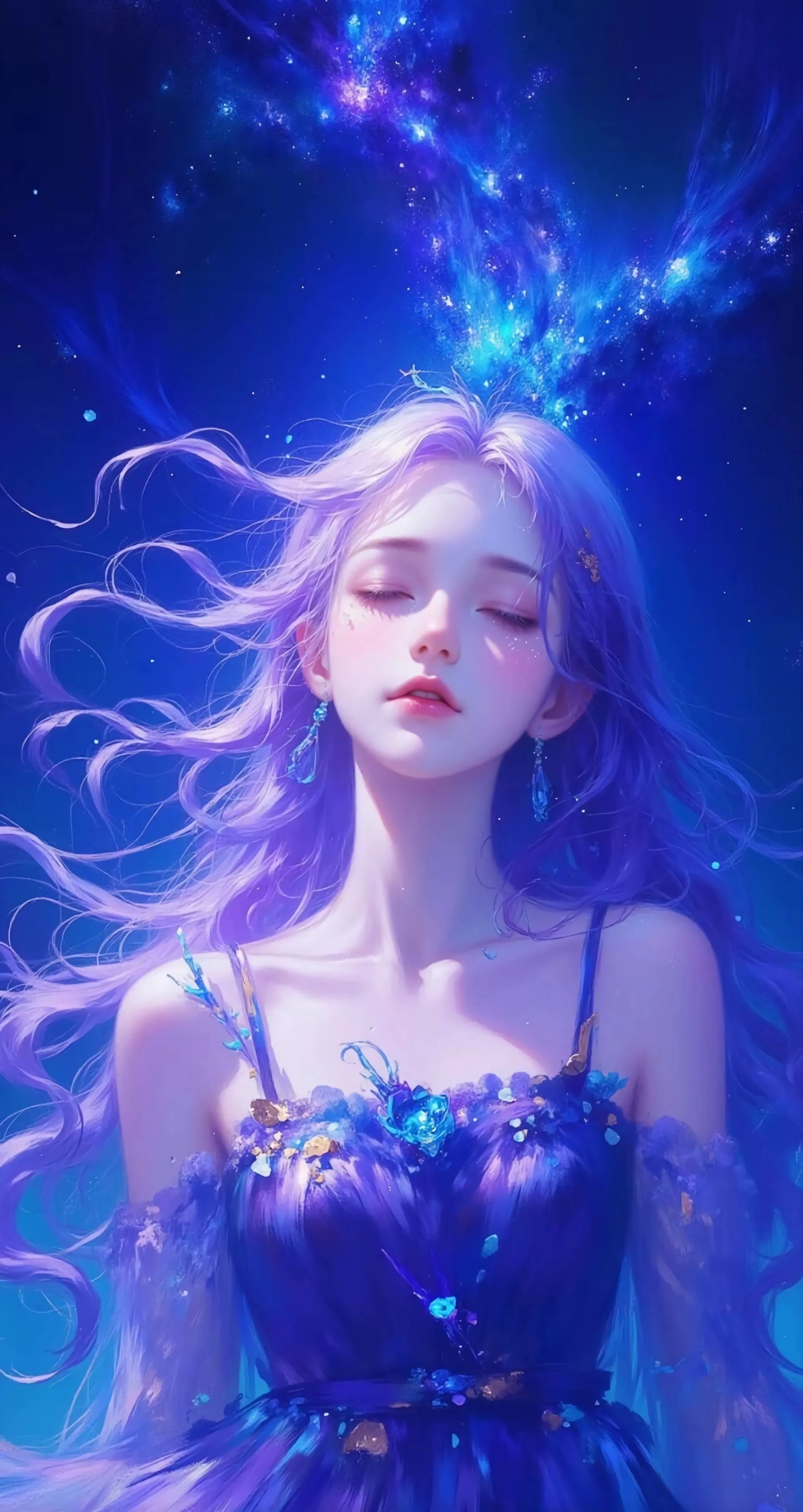 蓝色 梦幻 唯美 星空 美少女 动漫 4k 手机壁纸 1080P壁纸