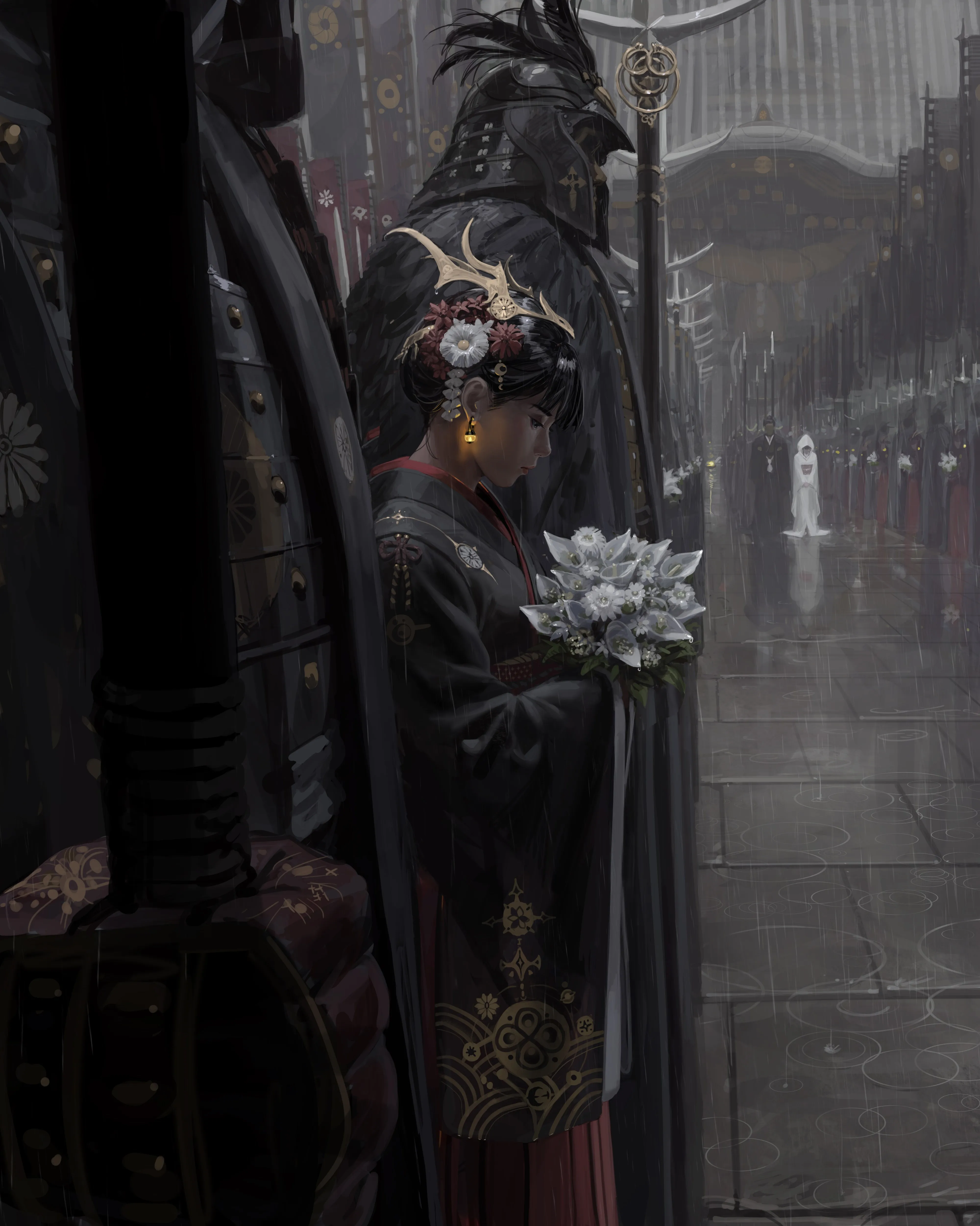 原创 人物 站立 短发 绘画 雨水 武士 鲜花 头饰 宽袖子 长袖 军队 盔甲 耳环 手机壁纸 4K壁纸