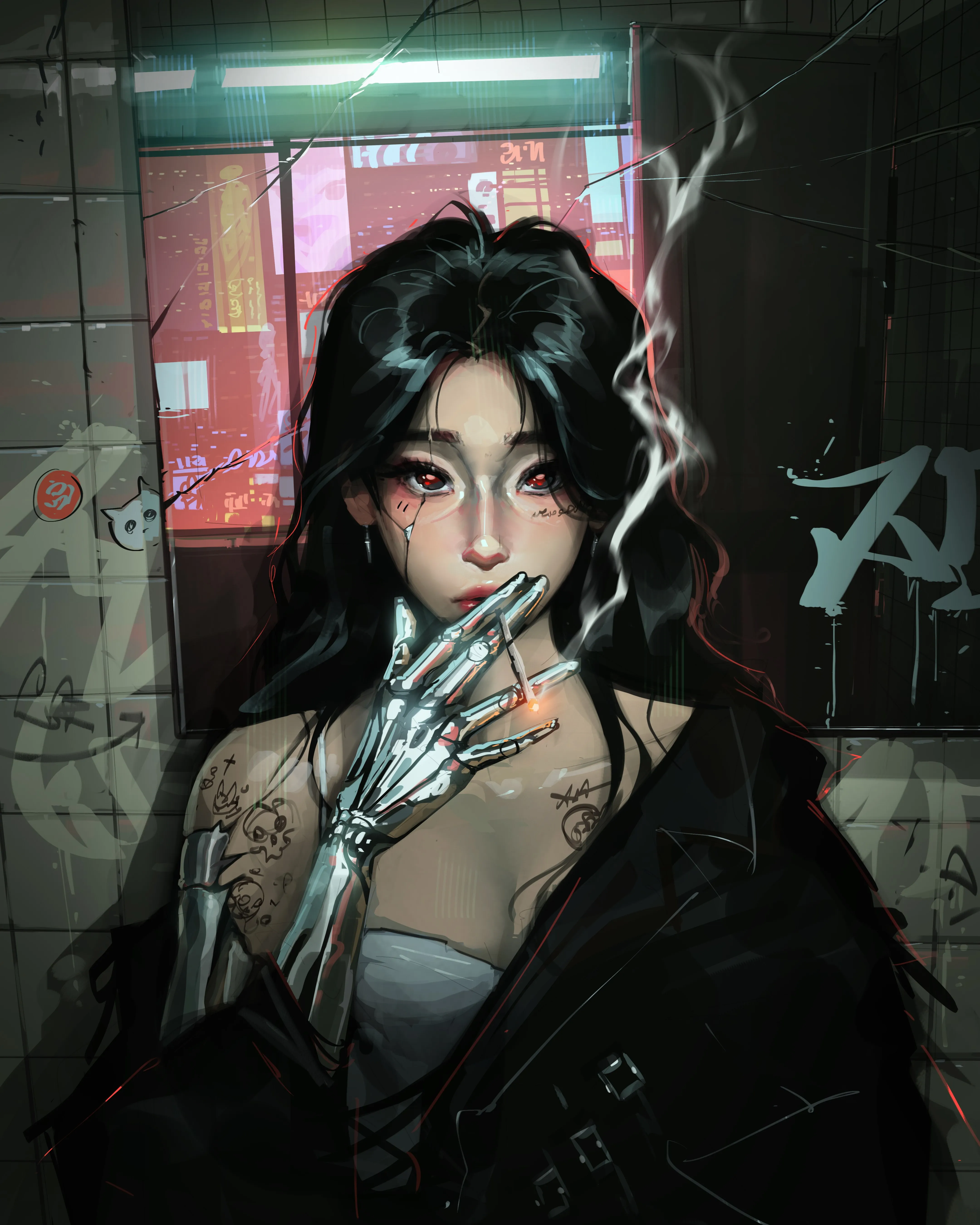 女人 长发 黑发 插图 数字绘画 肖像 室内 浴室 倒影 纹身 手机壁纸 4K壁纸