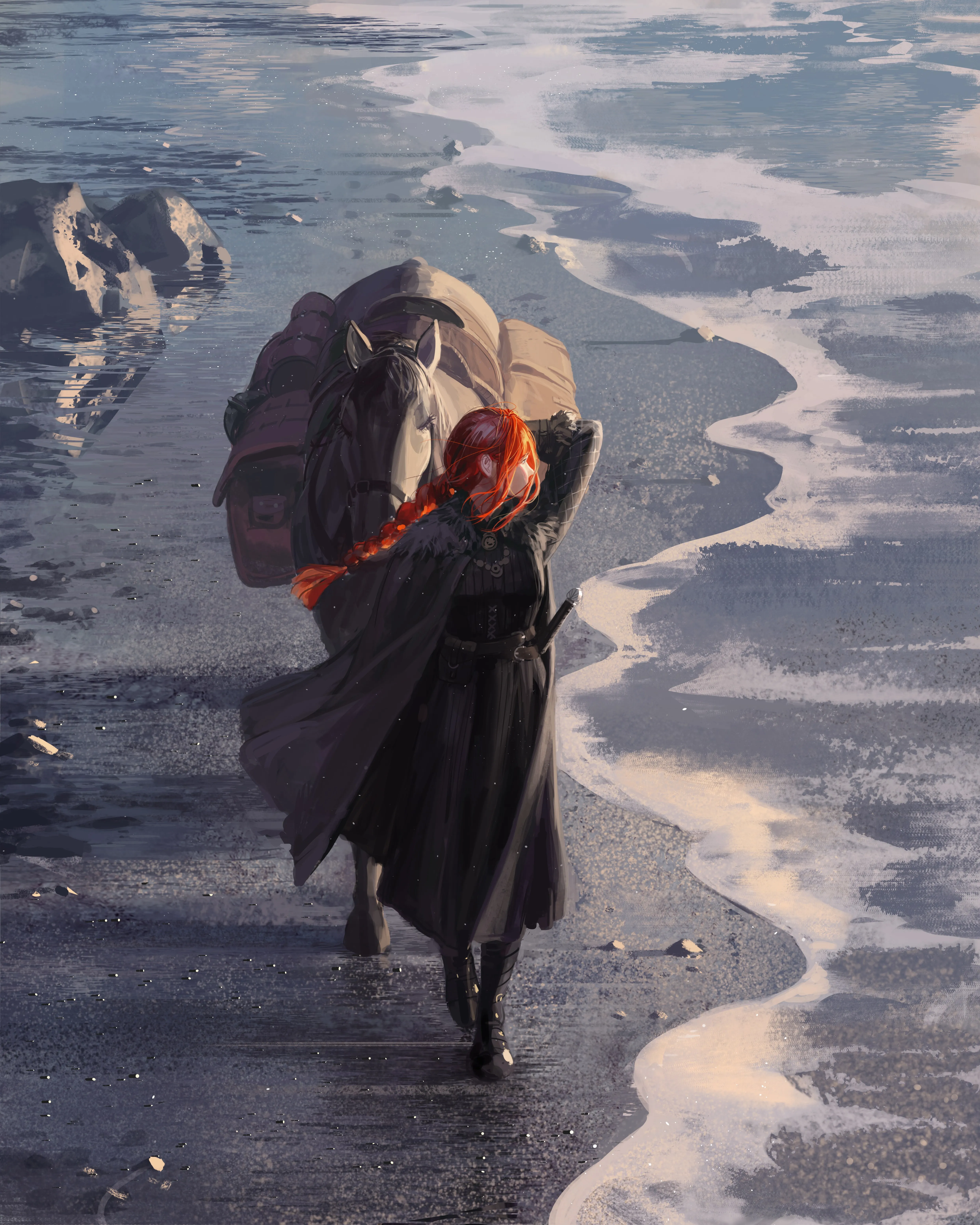 骑士 女人 红发 行走 绘画 马 海滩 手机壁纸 4K壁纸