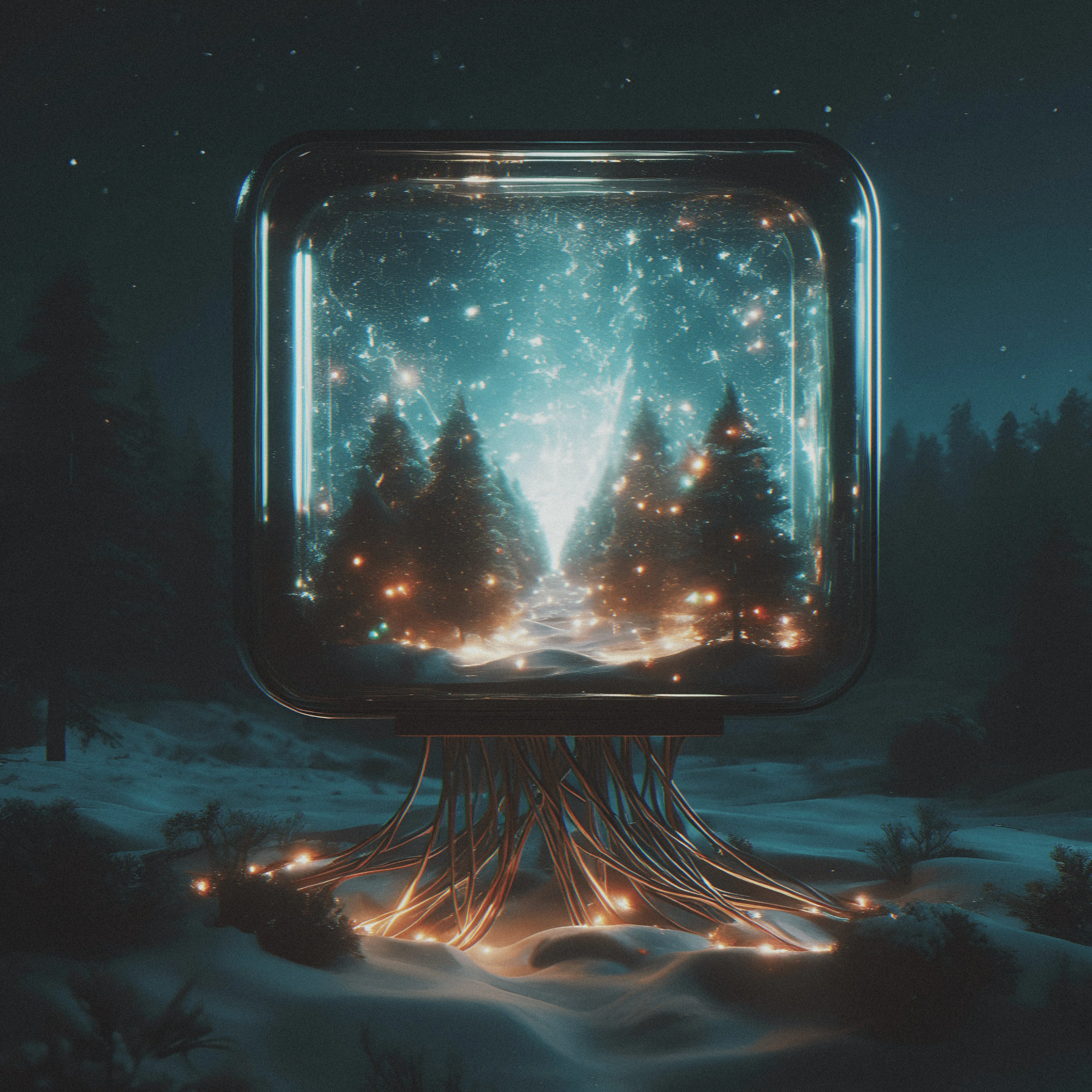 玻璃 灯 森林 夜 电视 透明度 雪 数字艺术 天空 星星 树木 4K壁纸 手机壁纸