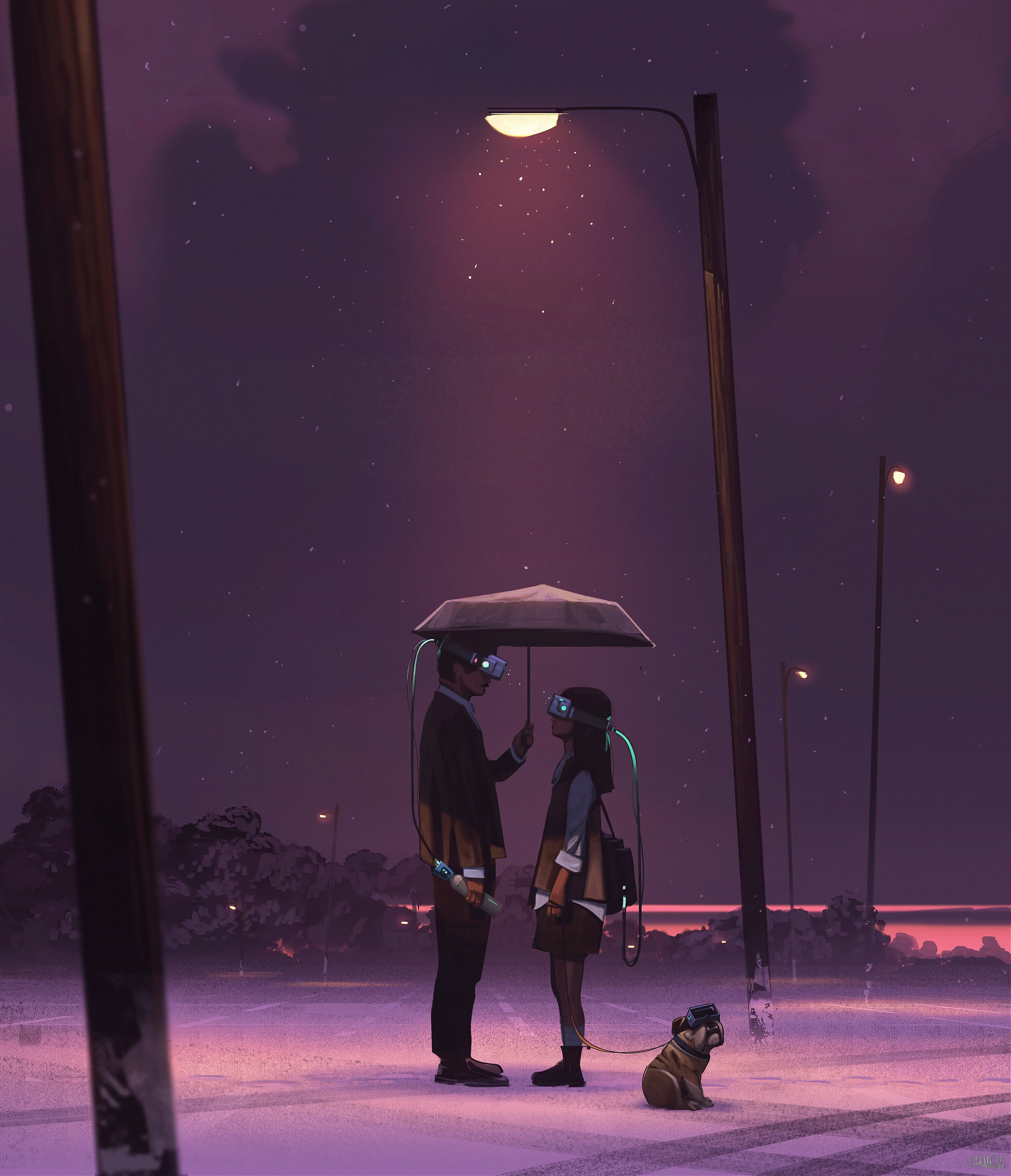 夫妇 数字艺术 艺术品 插图 数字绘画 未来派 星星 夜路 灯 伞 手机壁纸 4K壁纸