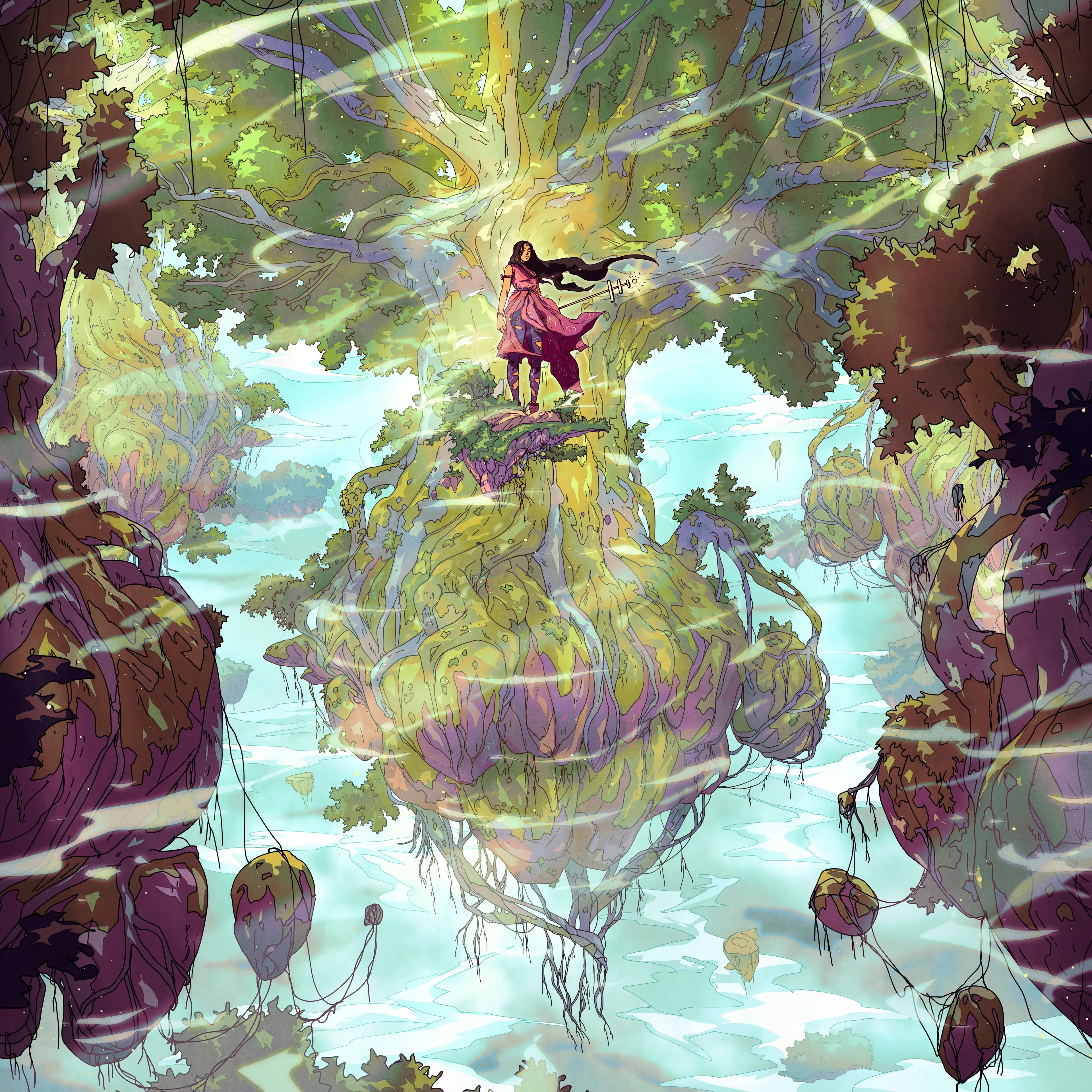 妇女 长发 黑发 数字艺术 艺术品 插图 数字 绘画 幻想艺术 自然 树木 天空 风景 手机壁纸 4K壁纸