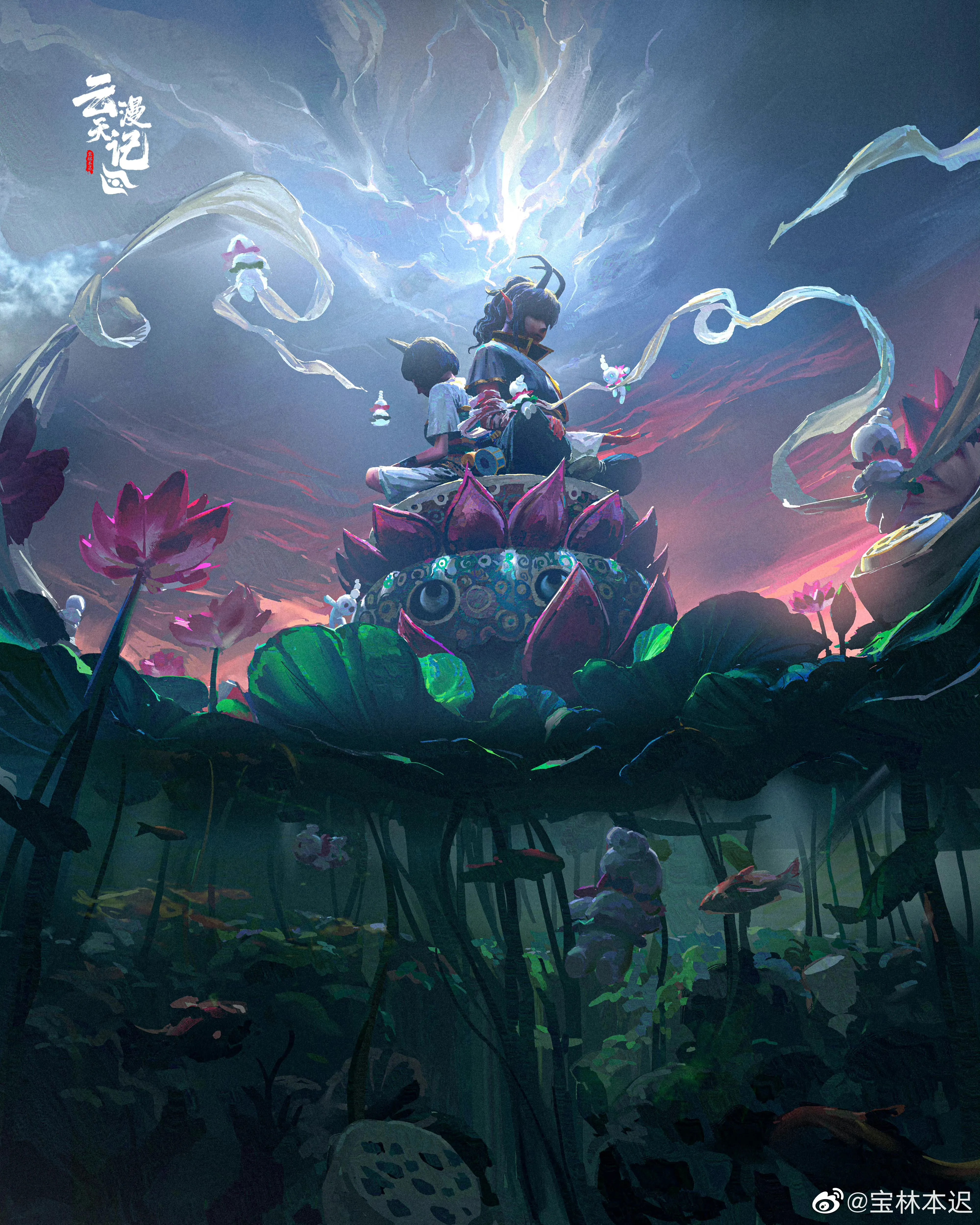 动漫 女孩 莲花 鱼 漫画 绘画 手机壁纸 4K壁纸