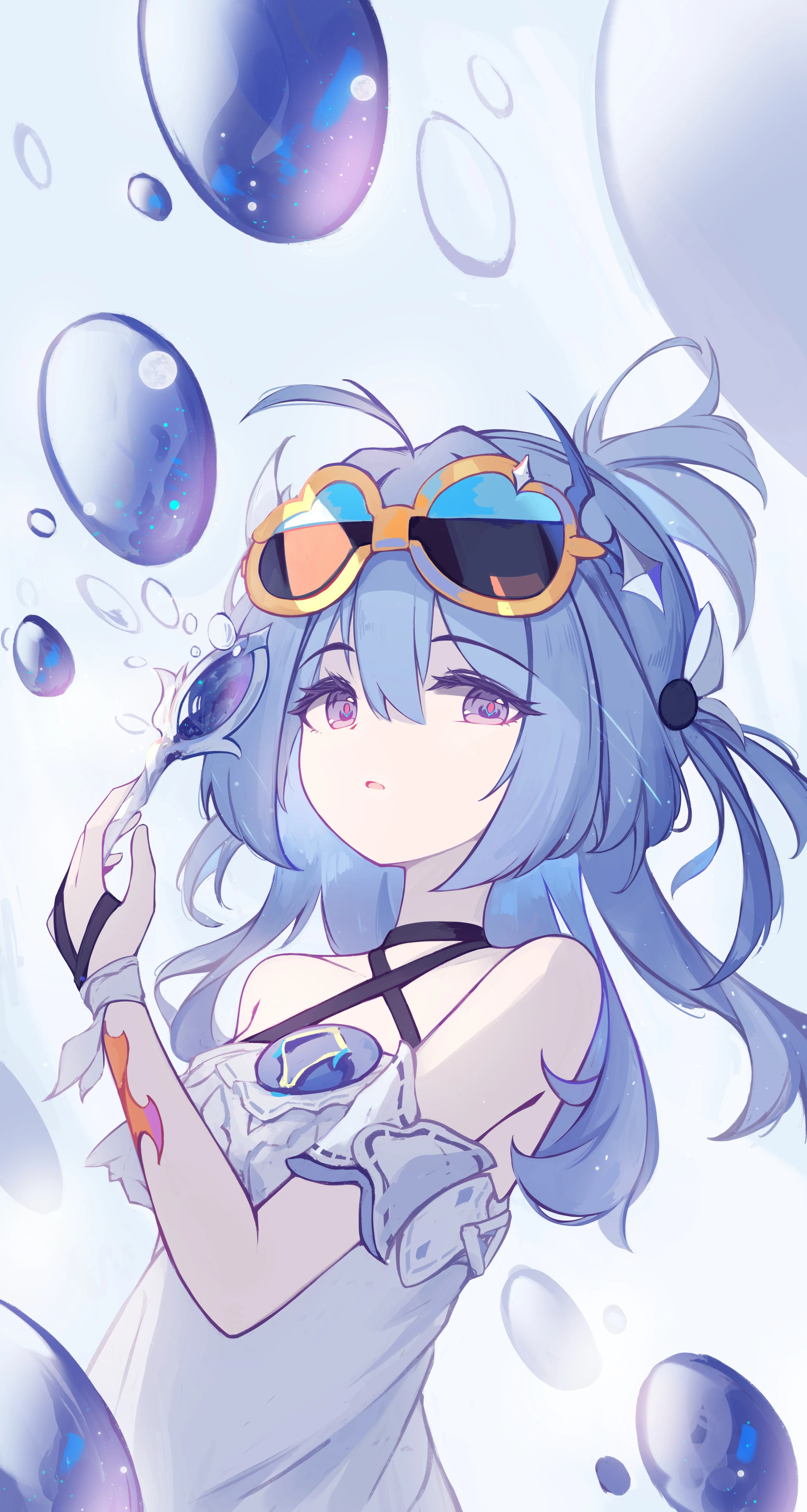 蓝色 头发 艺术 动漫 动漫女孩 太阳镜 白色 连衣裙 手机壁纸 4K壁纸