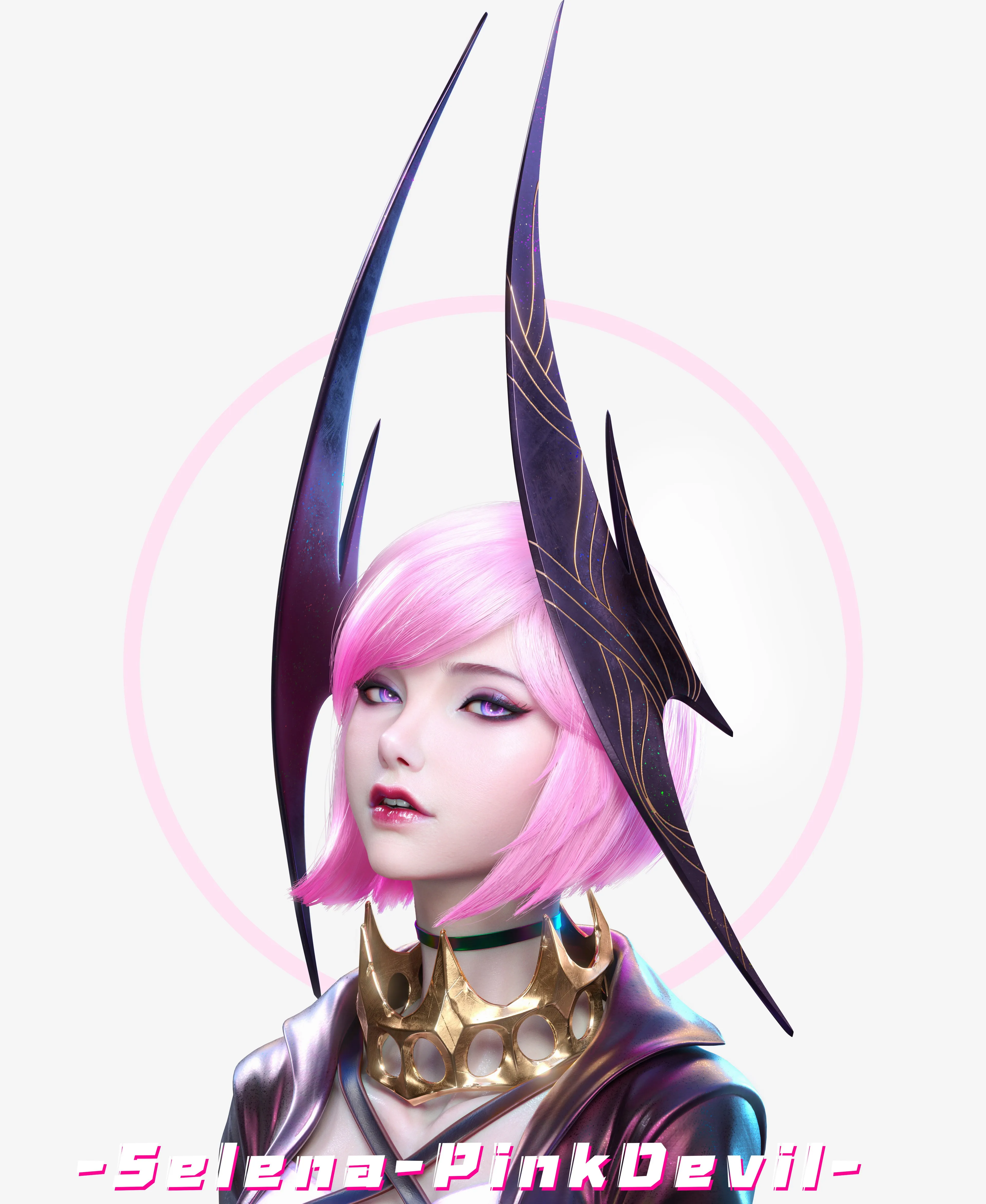 女人 粉色头发 短发 粉色眼睛 口红 金色 肖像 简单背景 白色 手机壁纸 4K壁纸