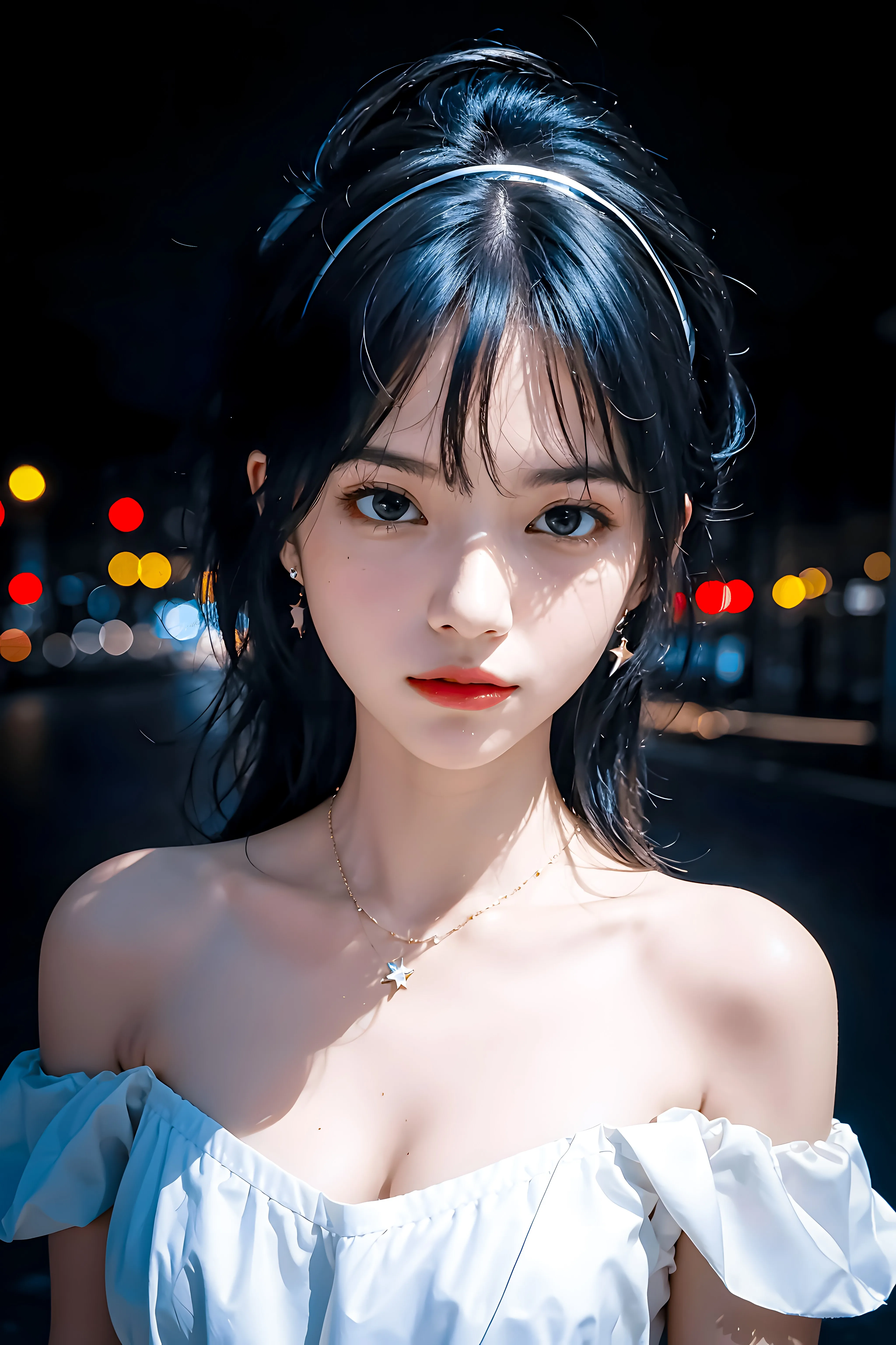 女性 亚洲 肩膀 深色头发 长发 艺术 项链 景深 城市灯光 手机壁纸 4K壁纸