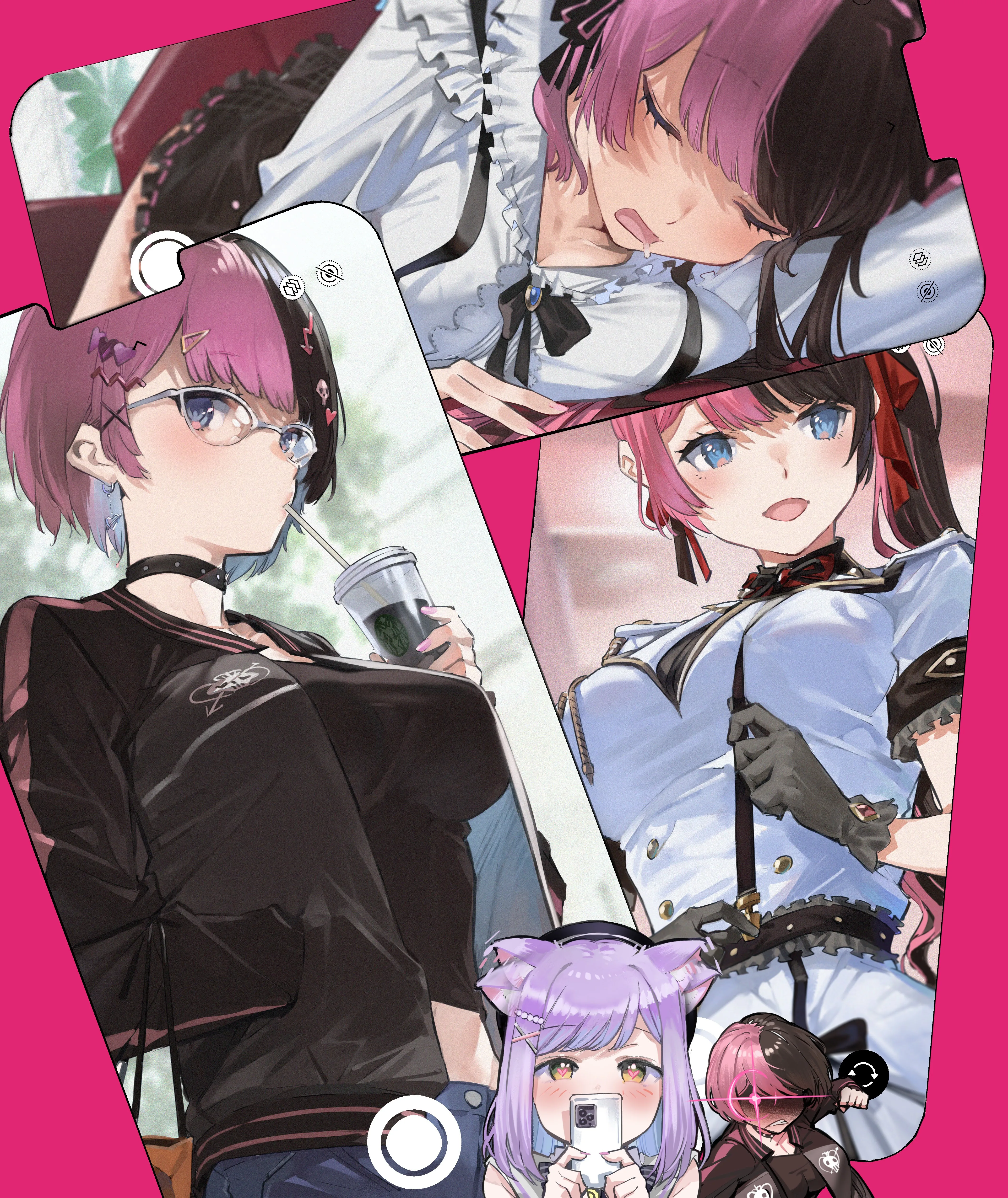 虚拟 动漫女孩 艺术 全息 头发 眼镜 饮料 手套 肖像 电话 心眼 脸红 饮酒 项链 手机壁纸 4K壁纸