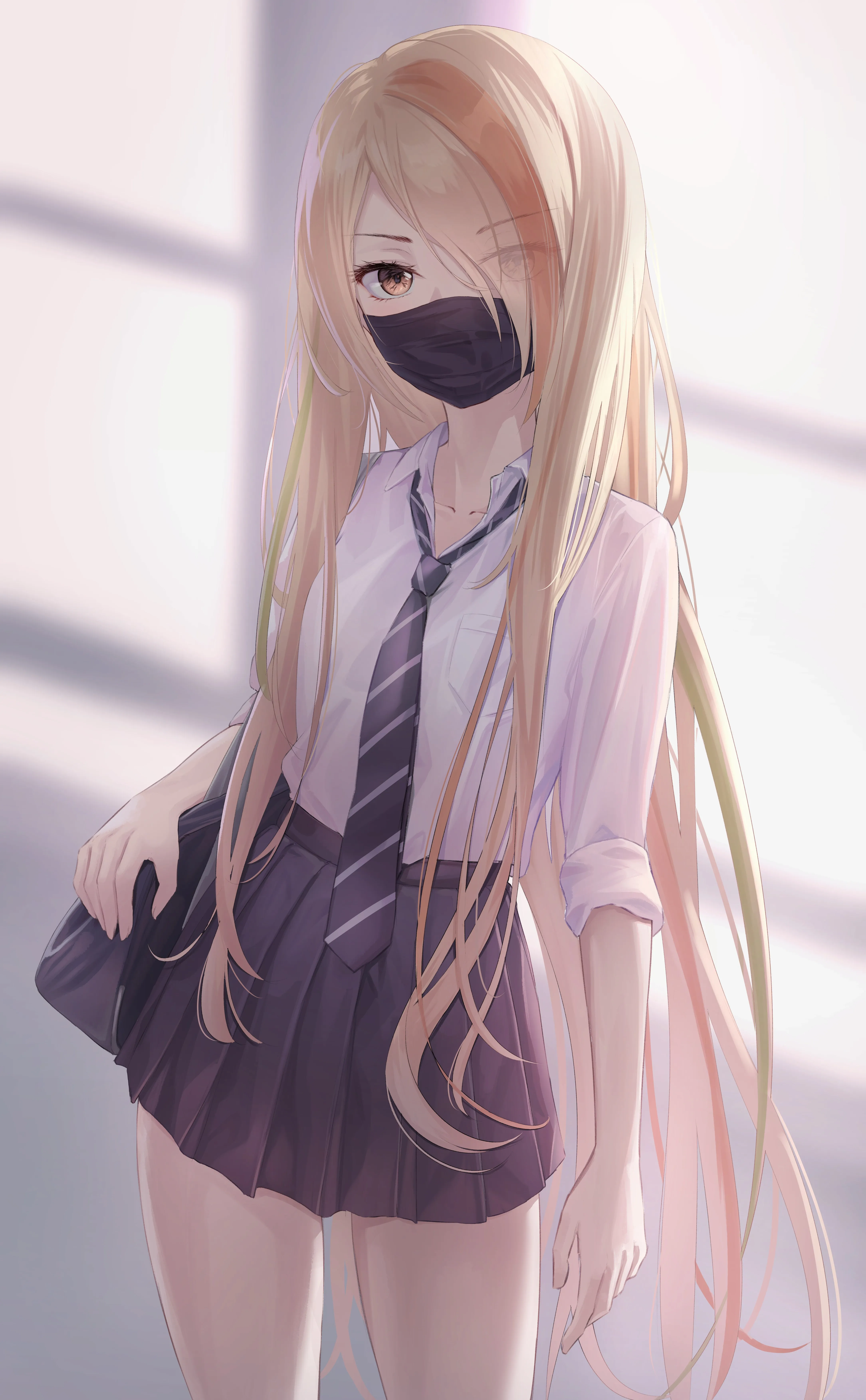 金发 动漫 动漫女孩 AI艺术 插图 面具 手机壁纸 4K壁纸