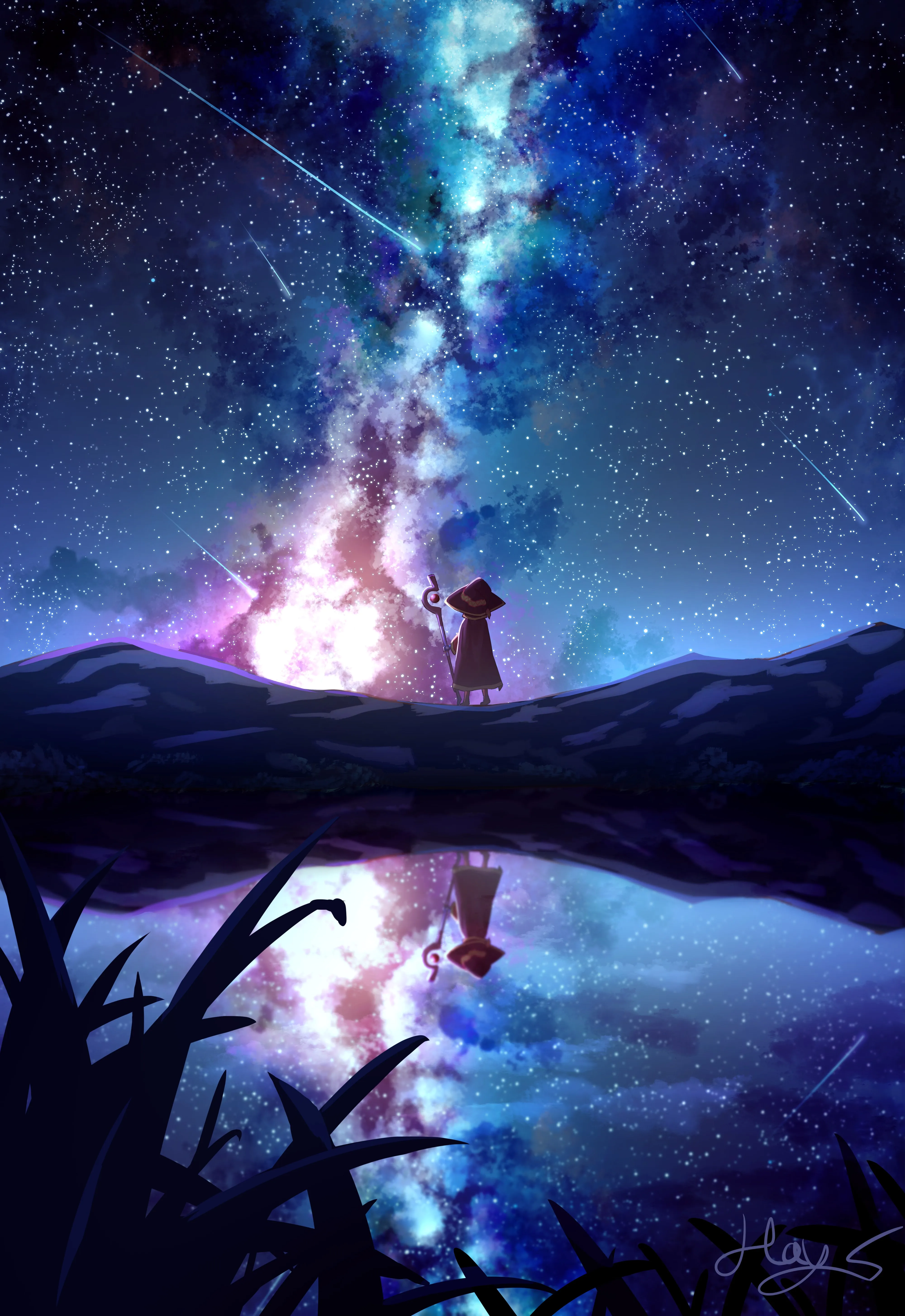 短发 动漫 女孩 女巫帽子 女巫 星星 流星 星夜 夜晚 手机壁纸 4K壁纸