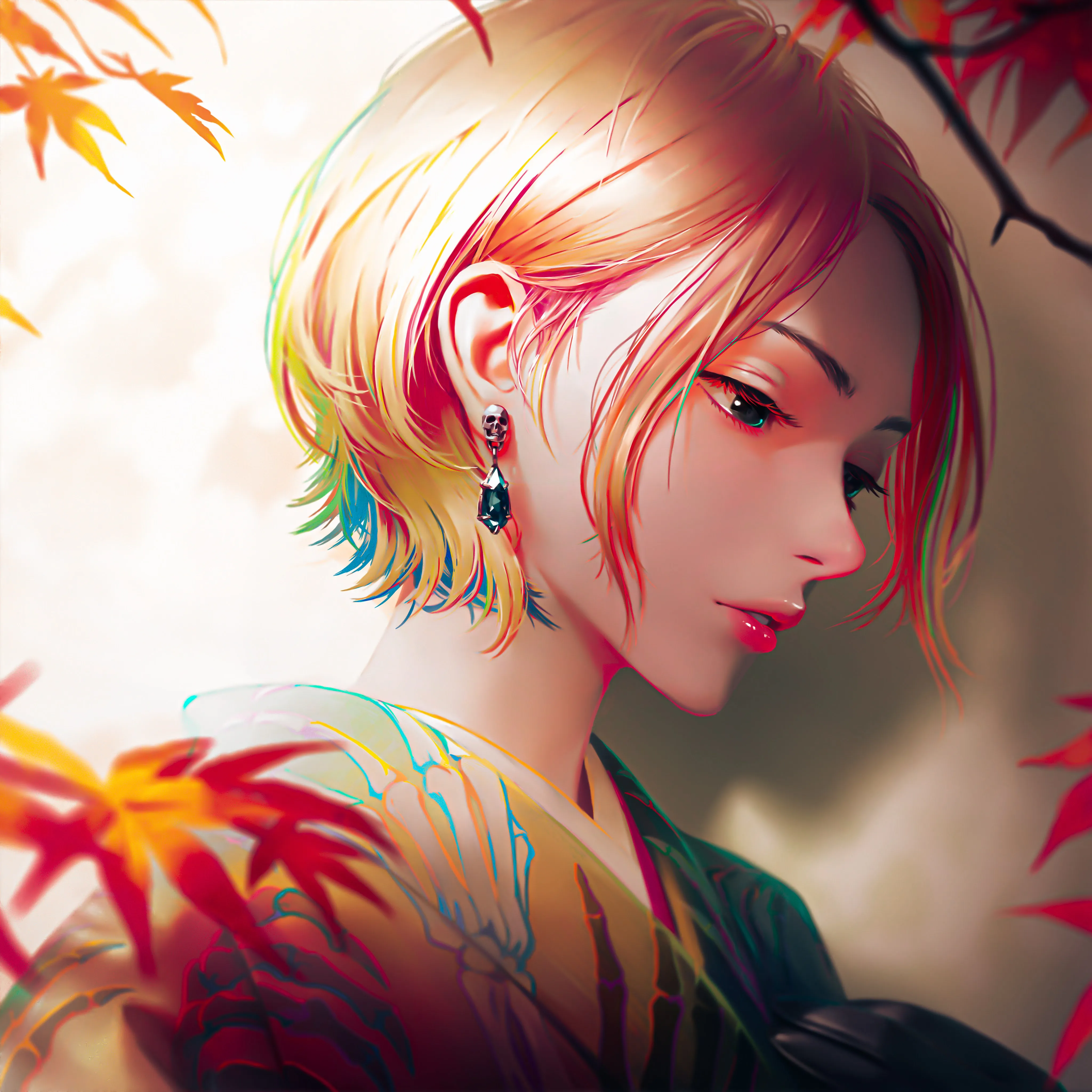 多色头发 动漫 女孩 树叶 耳环 手机壁纸 4K壁纸