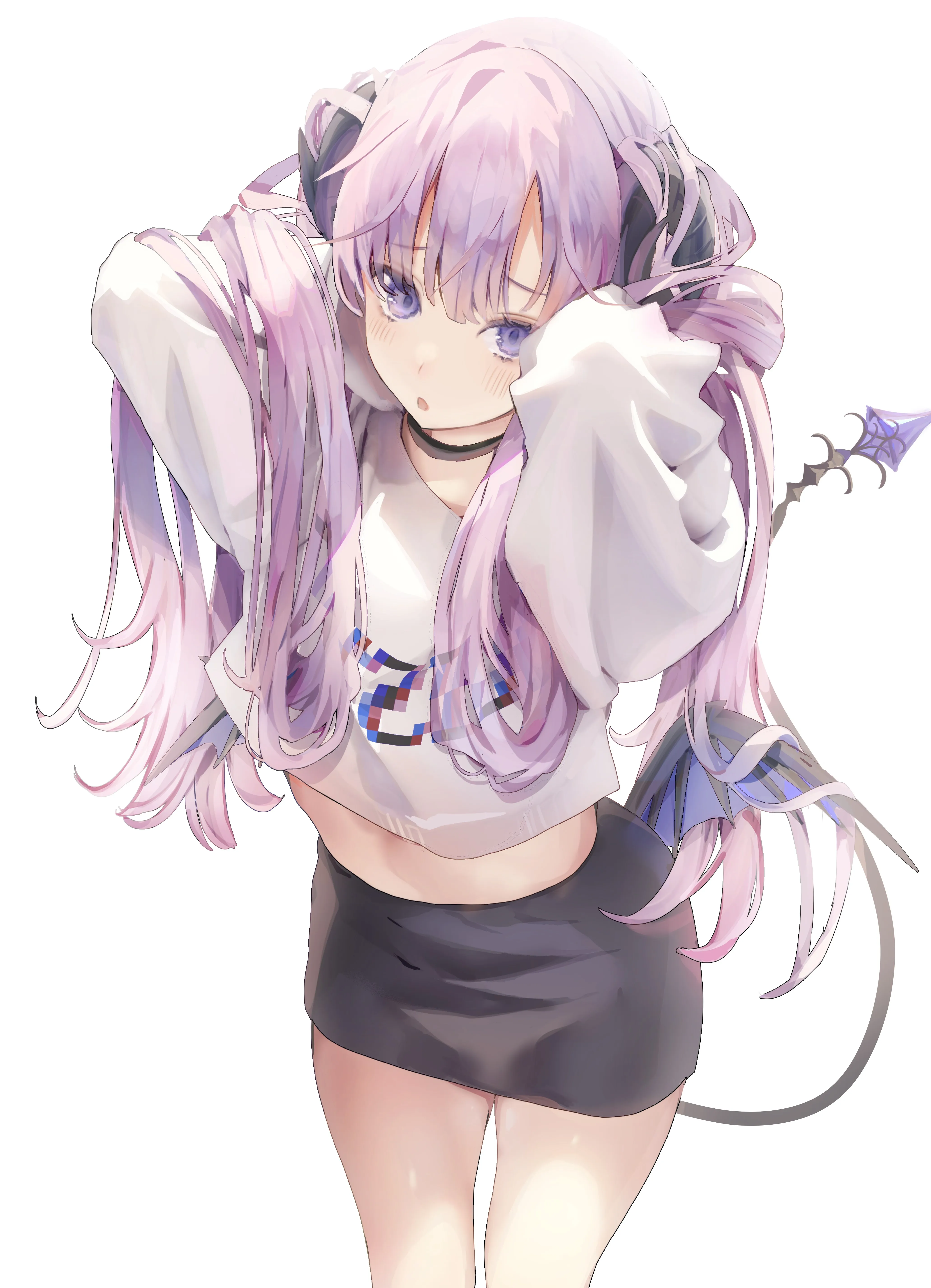 紫色头发 妖女 吉玛 动漫 女孩 紫色眼睛 妖魔 恶魔尾巴 白色背景 简单背景 手机壁纸 4K壁纸