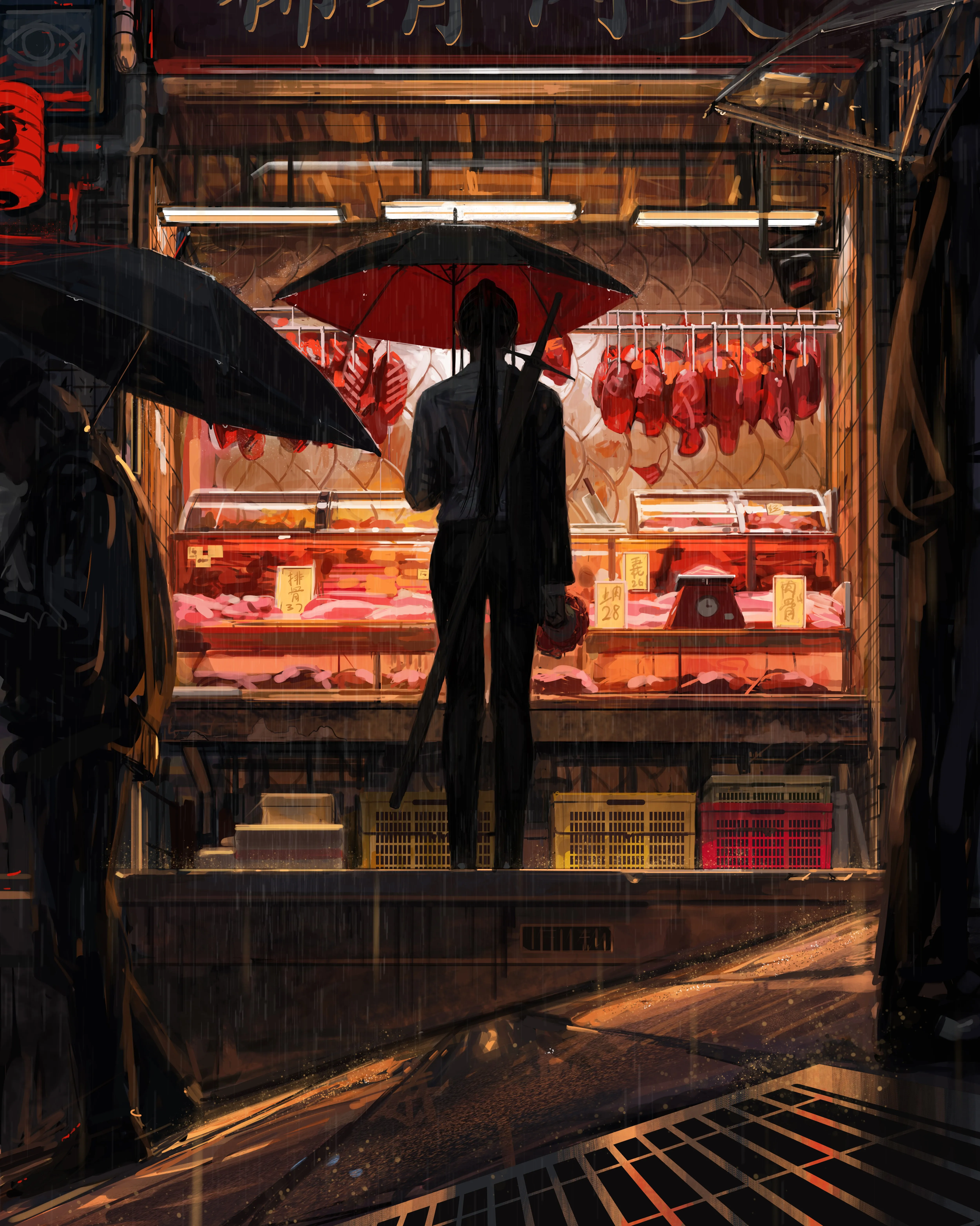 黑发 原创 人物 奇幻 女孩 屠夫 雨 伞 绘画 市场 剑 奇幻艺术 AI艺术 手机壁纸 4K壁纸