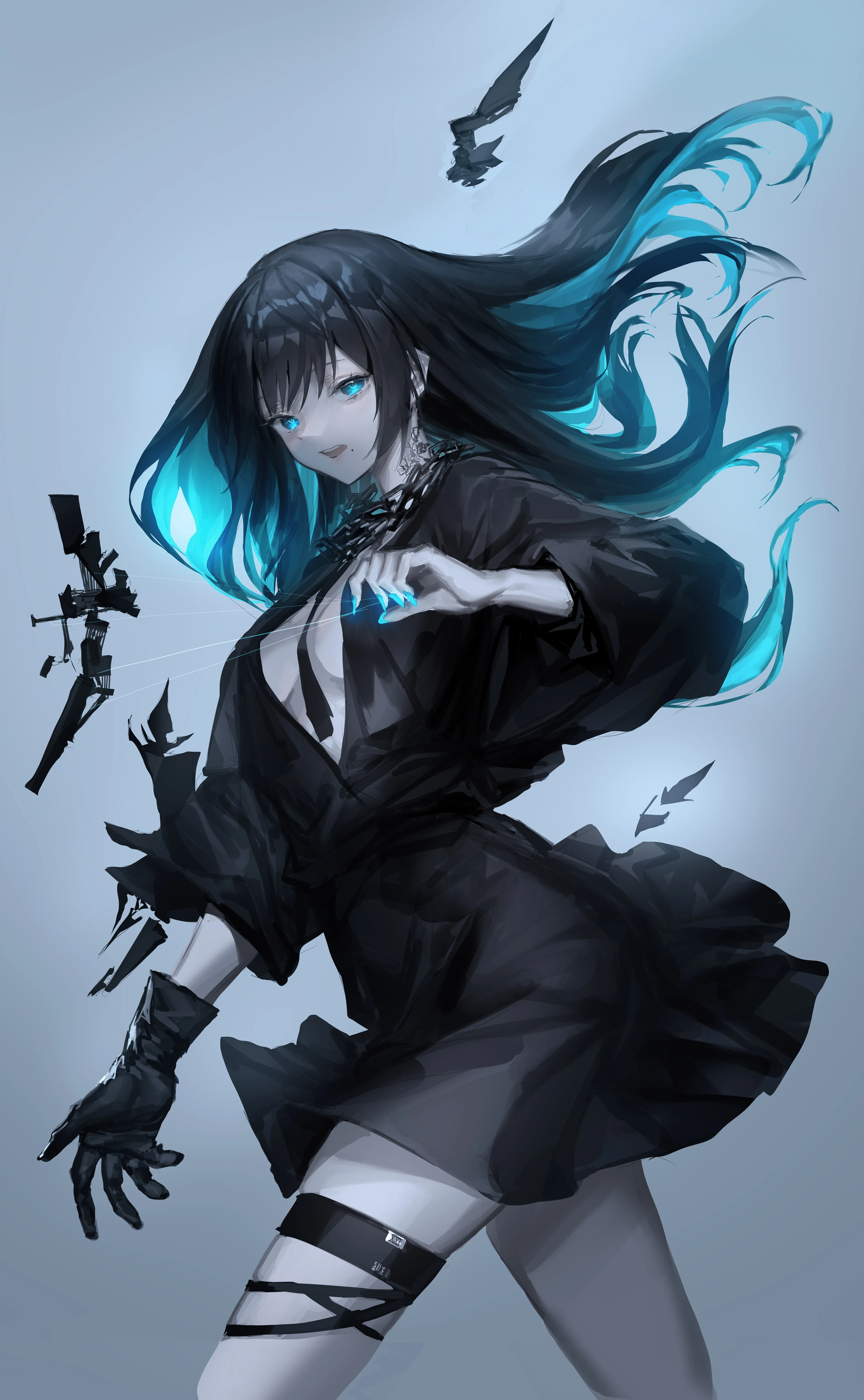 蓝眼睛 动漫 女孩 黑发 纹身 手机壁纸 4K壁纸